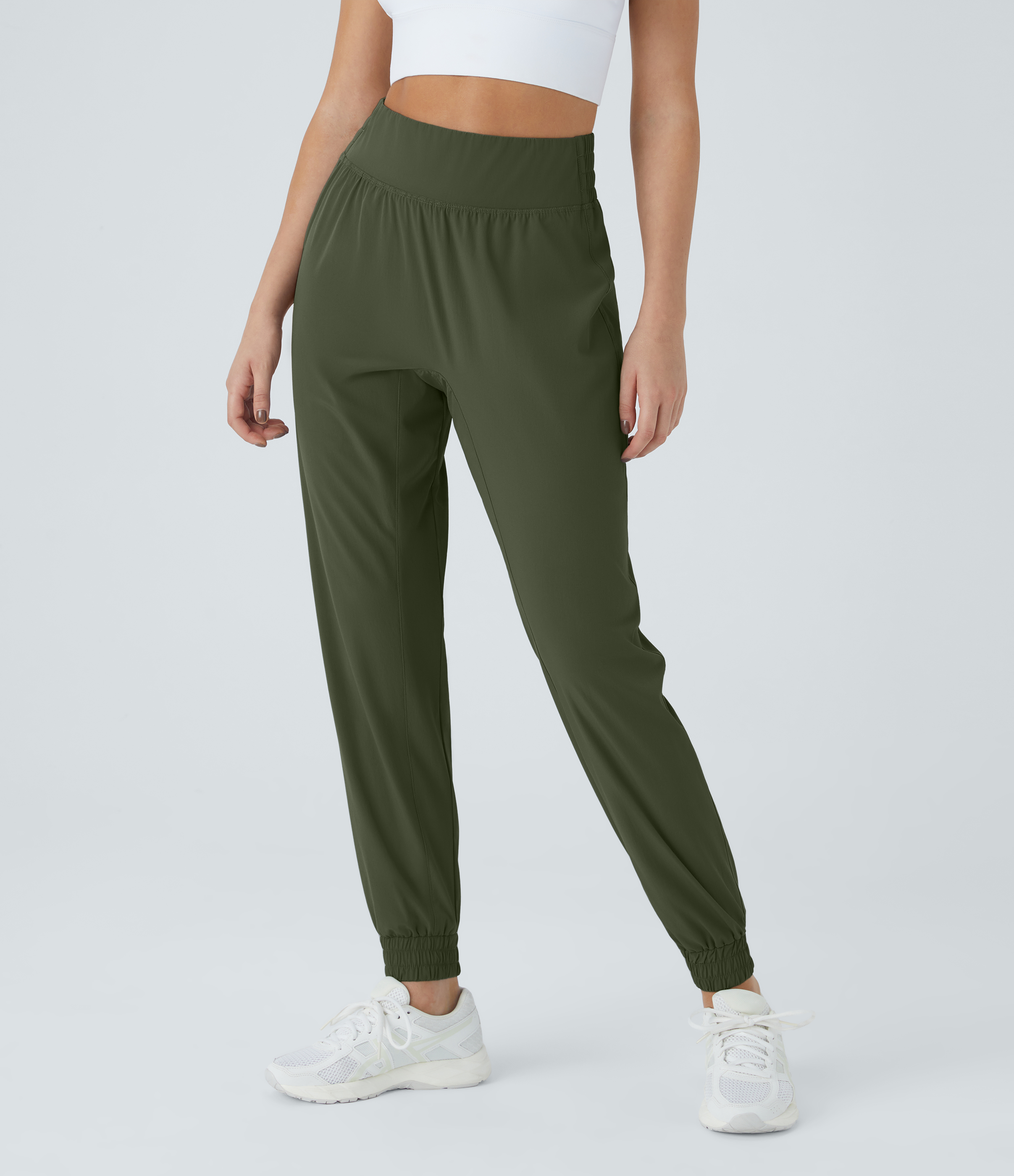 Halara High Waisted Elastic Waistband Casual Joggers  - Icy Bamboo Green - M(petite) 