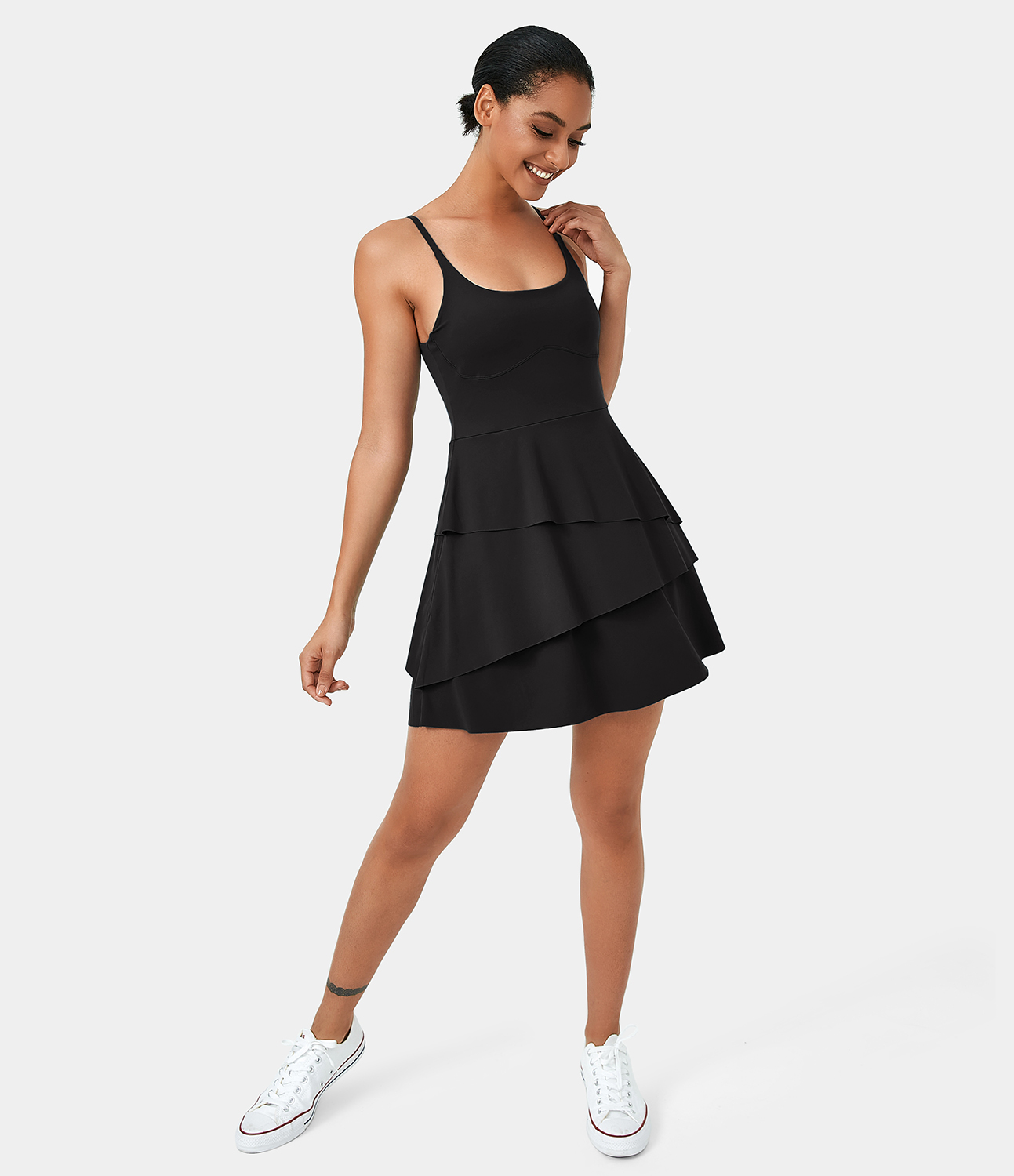 Halara Softlyzeroв„ў Airy Backless Tiered Ruffle 2-in-1 Pocket Cool Touch Mini Slip Dance Active Dress Workout Dress - Black - XS 