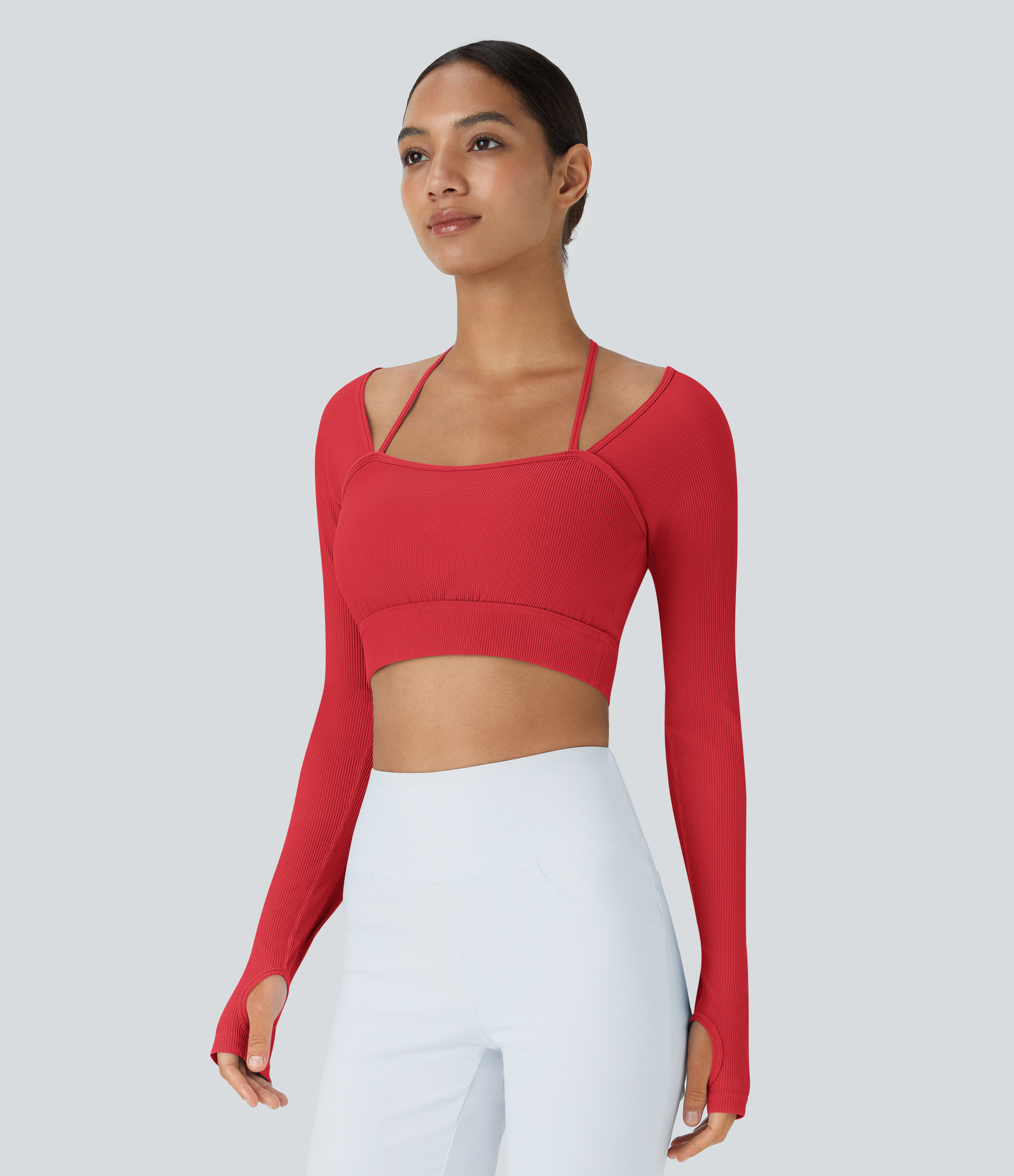 Halara Ribbed Halter Strap Thumb Hole Cropped Yoga Sports Top  - Tomato - L 