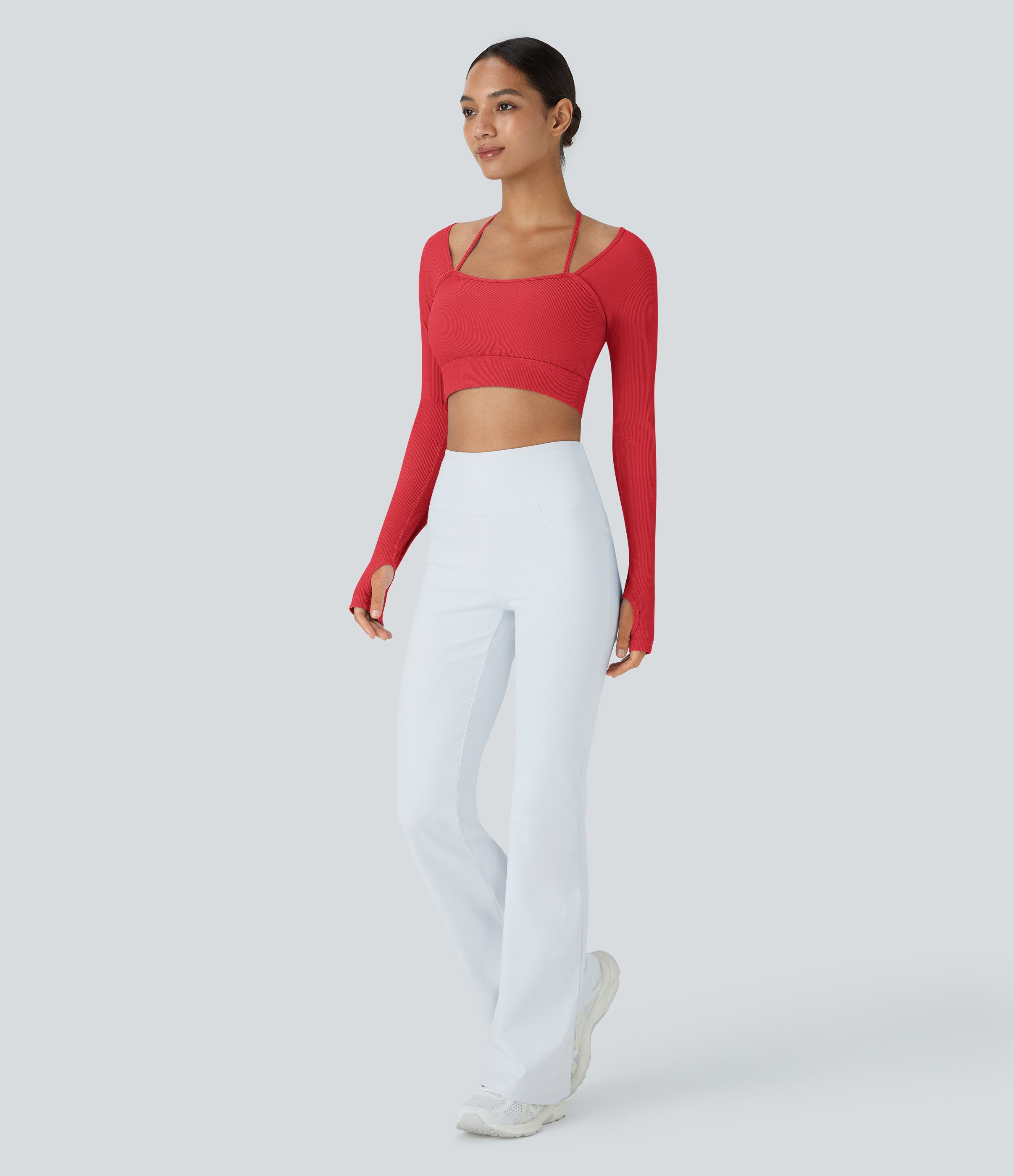 Halara Ribbed Halter Strap Thumb Hole Cropped Yoga Sports Top  - Tomato - L 