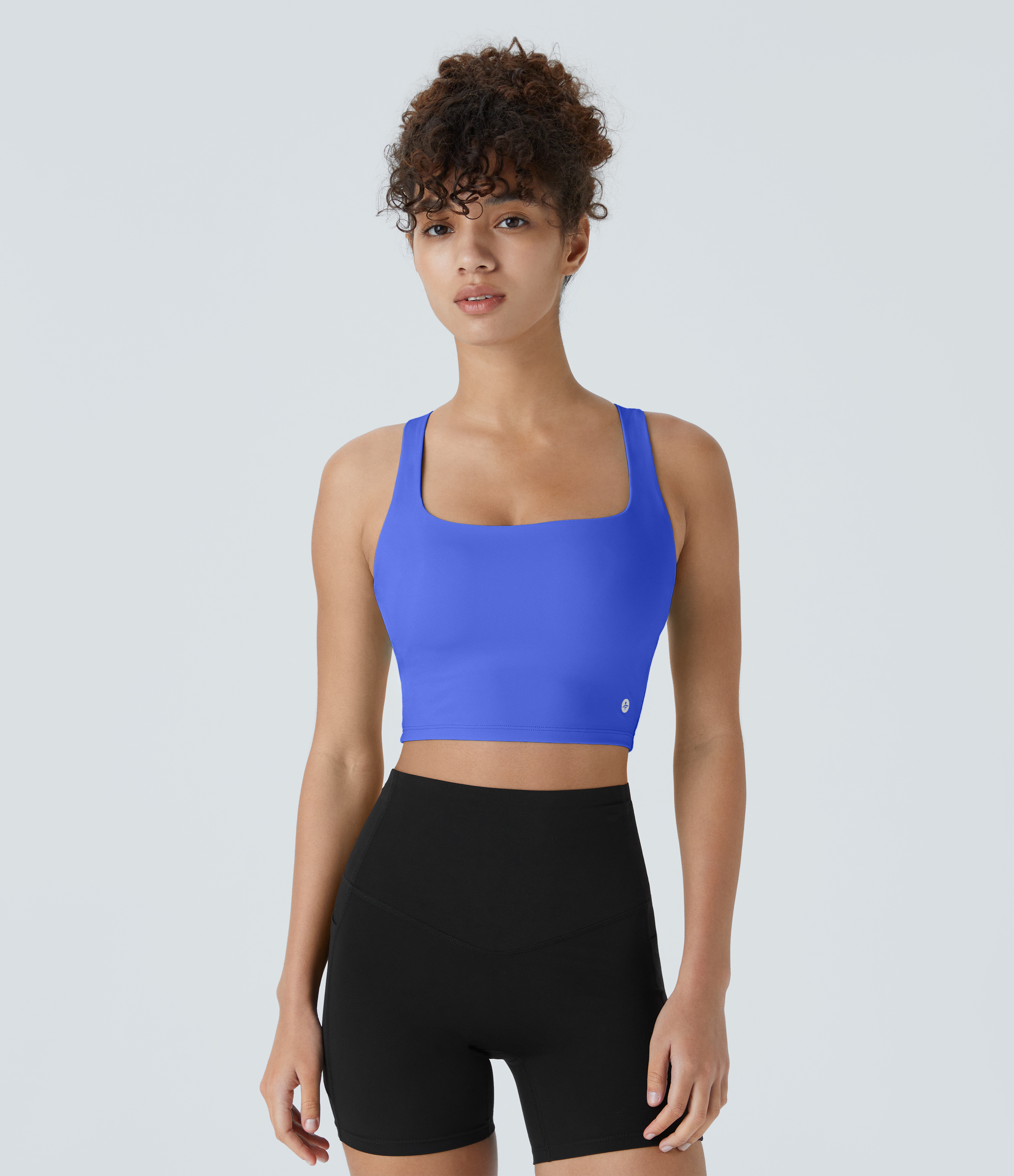 Halara Cloudfulв„ў Air Fabric Square Neck Backless Crisscross Cropped Cool Touch Yoga Tank Top Tank Top - Aster Blue - XL golf tops halter top 