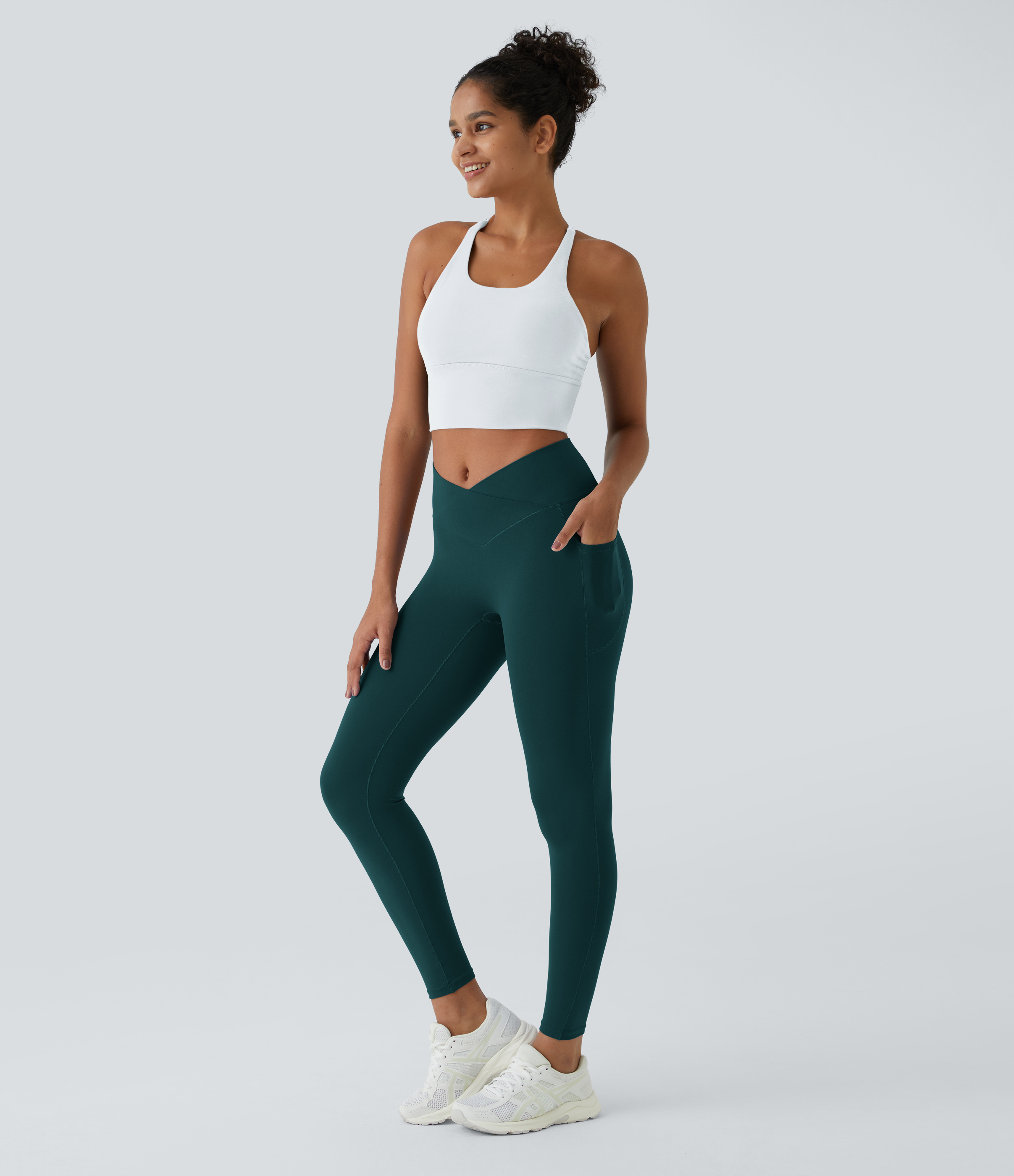 Halara Softlyzeroв„ў Crossover Pocket Plain Leggings-UPF50+  - Viridian - S(7/8) gym leggings leggings with pockets leggings with butt lift 