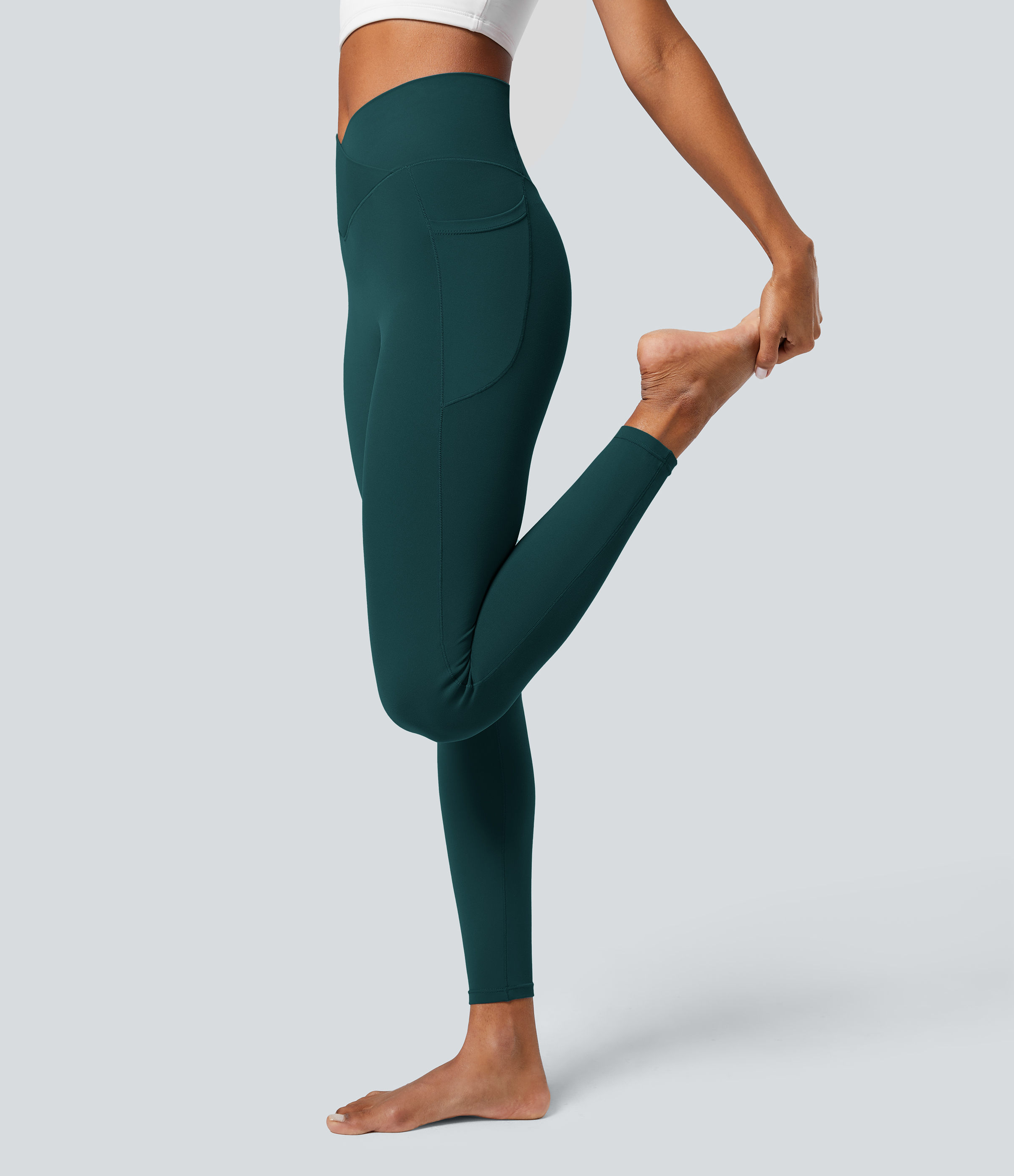 Halara Softlyzeroв„ў Crossover Pocket Plain Leggings-UPF50+  - Viridian - S(7/8) gym leggings leggings with pockets leggings with butt lift 