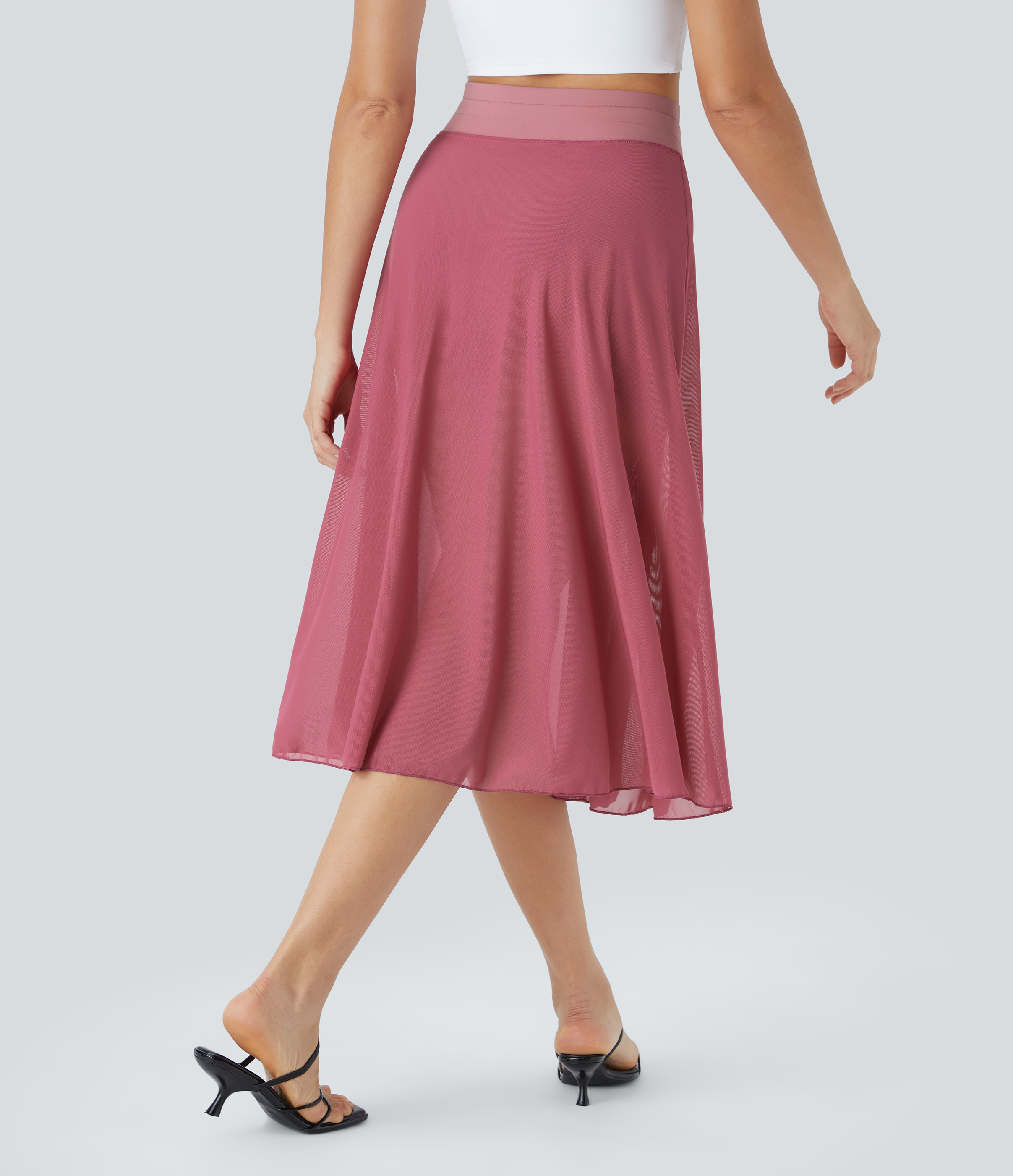 Halara High Waisted Drawstring Contrast Mesh 2-in-1 Side Pocket Flowy Midi Flare Casual Skirt  - Baroque Rose - S midi skirt a line skirt 