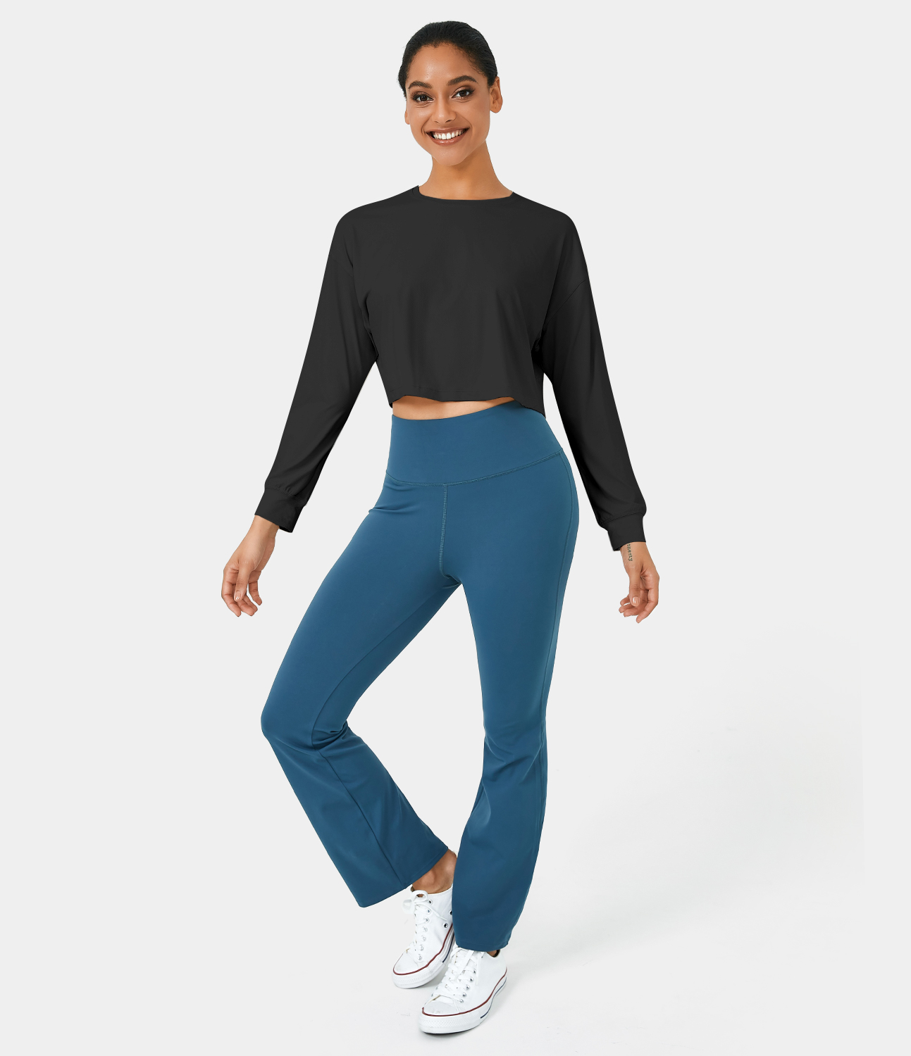 Halara Dropped Shoulder Long Sleeve Cropped Sports Top  - Black - XL 