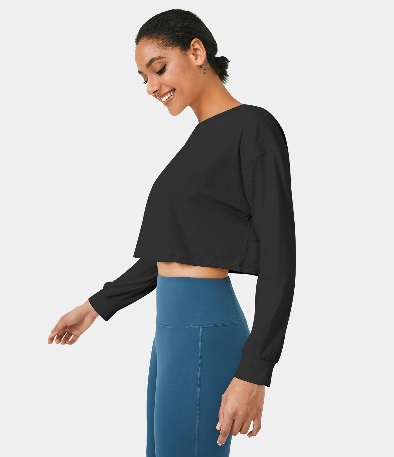 Halara Dropped Shoulder Long Sleeve Cropped Sports Top  - Black - XL 