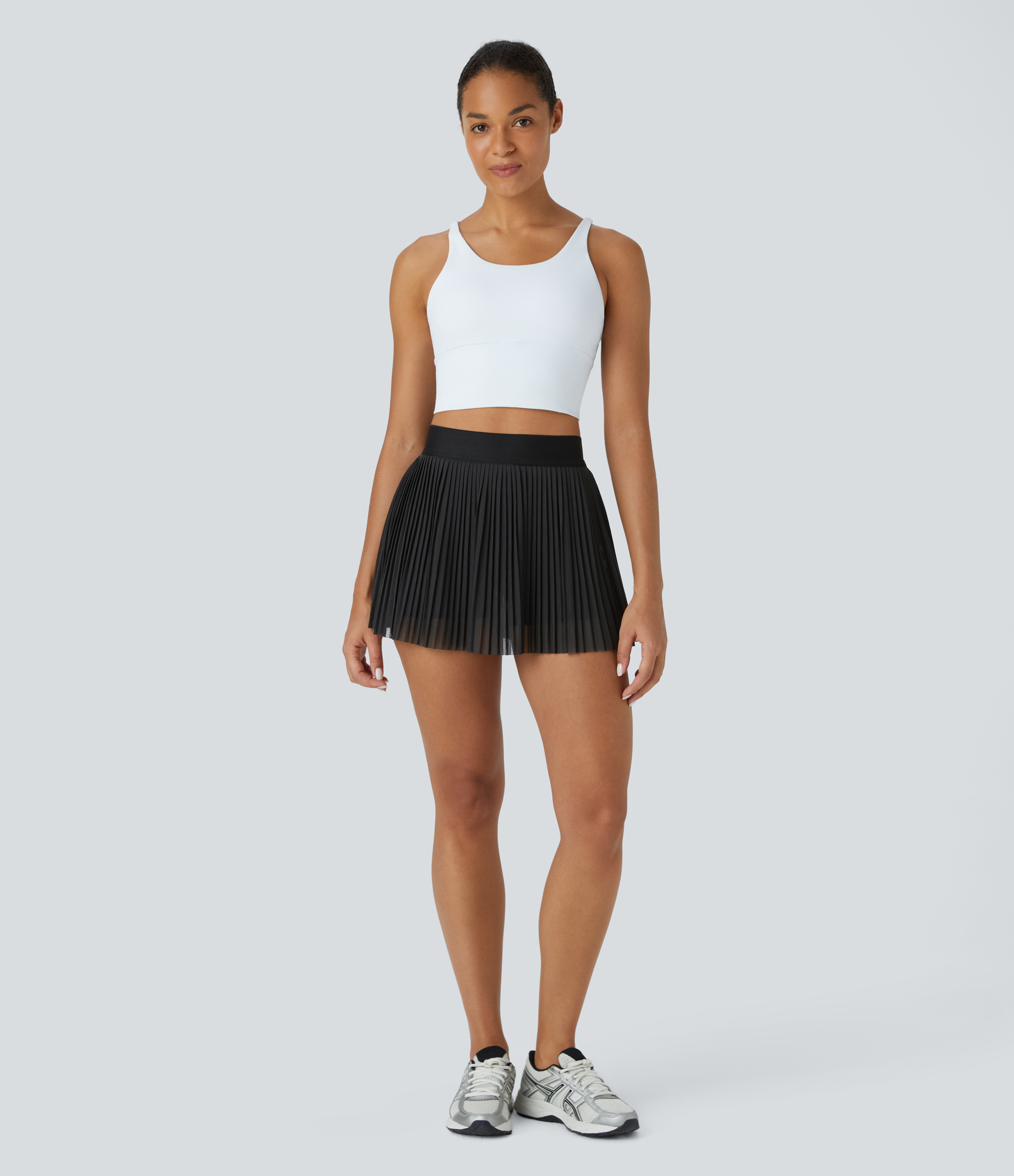 Halara High Waisted 2-in-1 Side Pocket Contrast Mesh Pleated Mini Tennis Skirt  - Black - L(regular) midi skirt a line skirt golfing skirt 