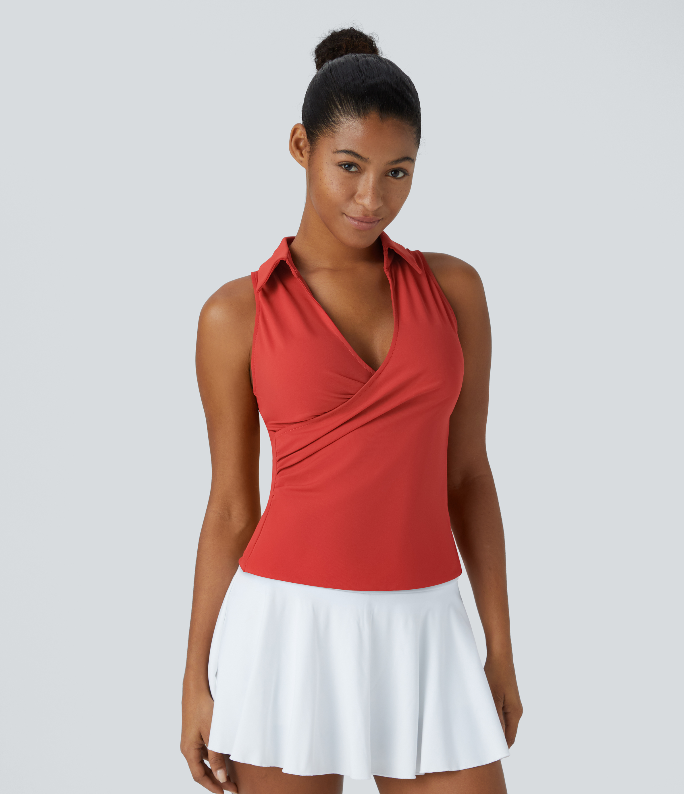 Halara V Neck Crossover Ruched Quick Dry Golf Tank Top Tank Top - Valiant Poppy - L golf tops halter top tunic tops sleeveless tops 
