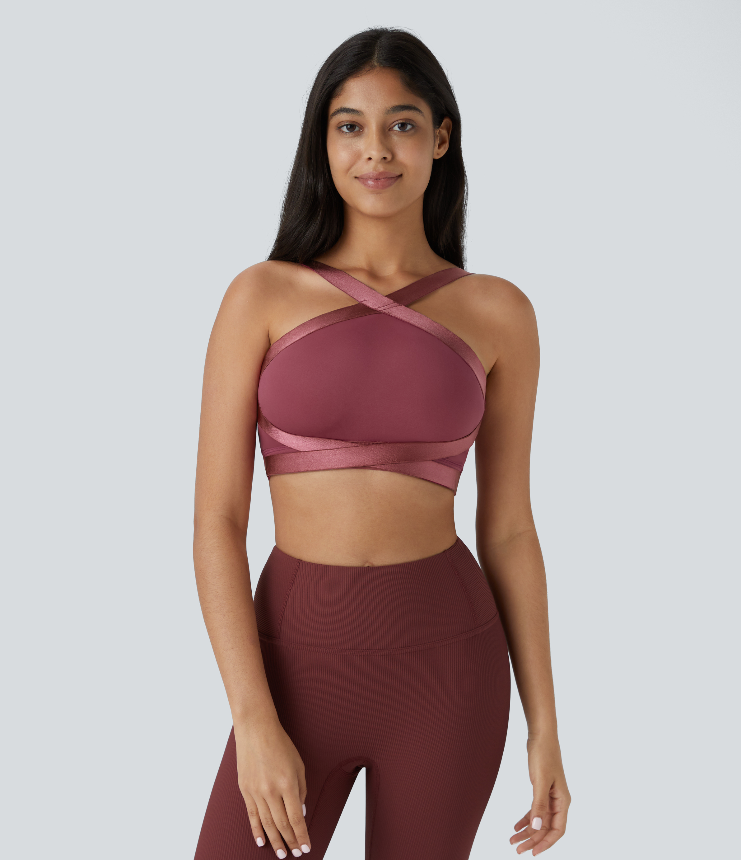 Halara Softlyzeroв„ў Airy Medium Support Crisscross Backless Cool Touch Training Sports Bra  - Cordovan - S push up bra strapless bra 