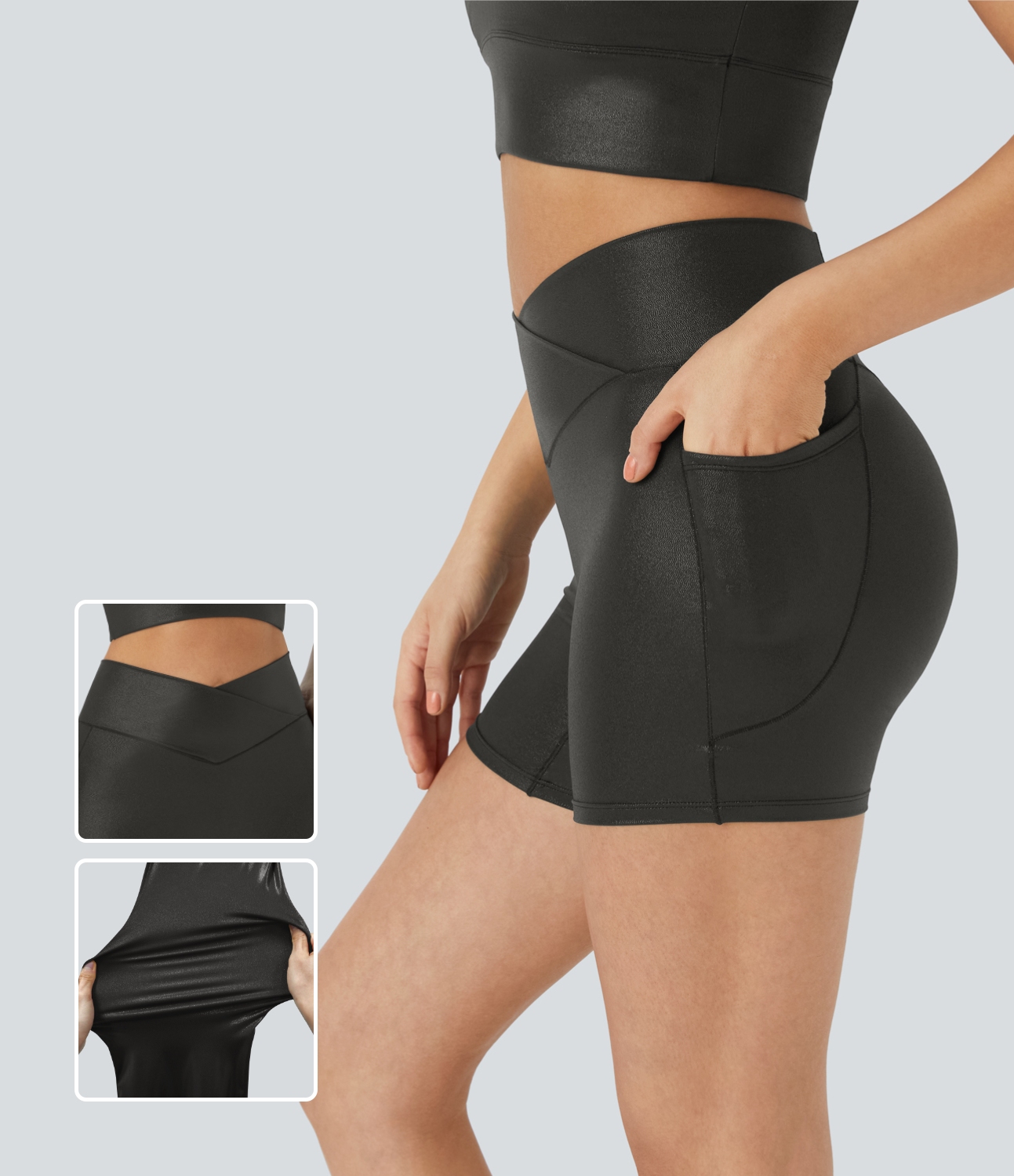 Halara Softlyzeroв„ў Faux Leather High Waisted Crossover Side Pocket Foil Print Stretchy Casual Biker Shorts 5