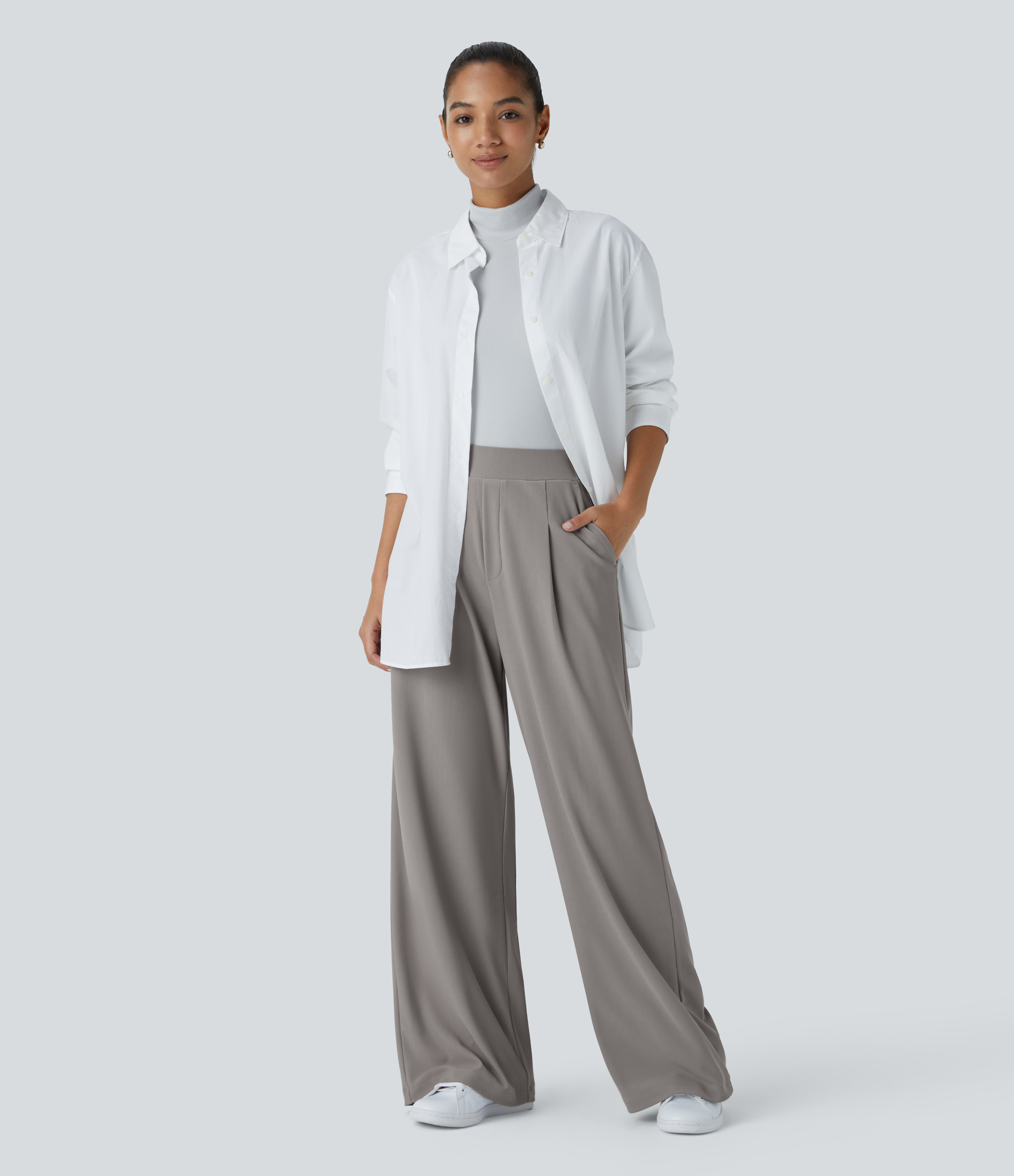 Halara Halara Flexв„ў High Waisted Side Pocket Wide Leg Micro Waffle Work Pants  - Satellite - M(regular) sweatpants jogger pants 