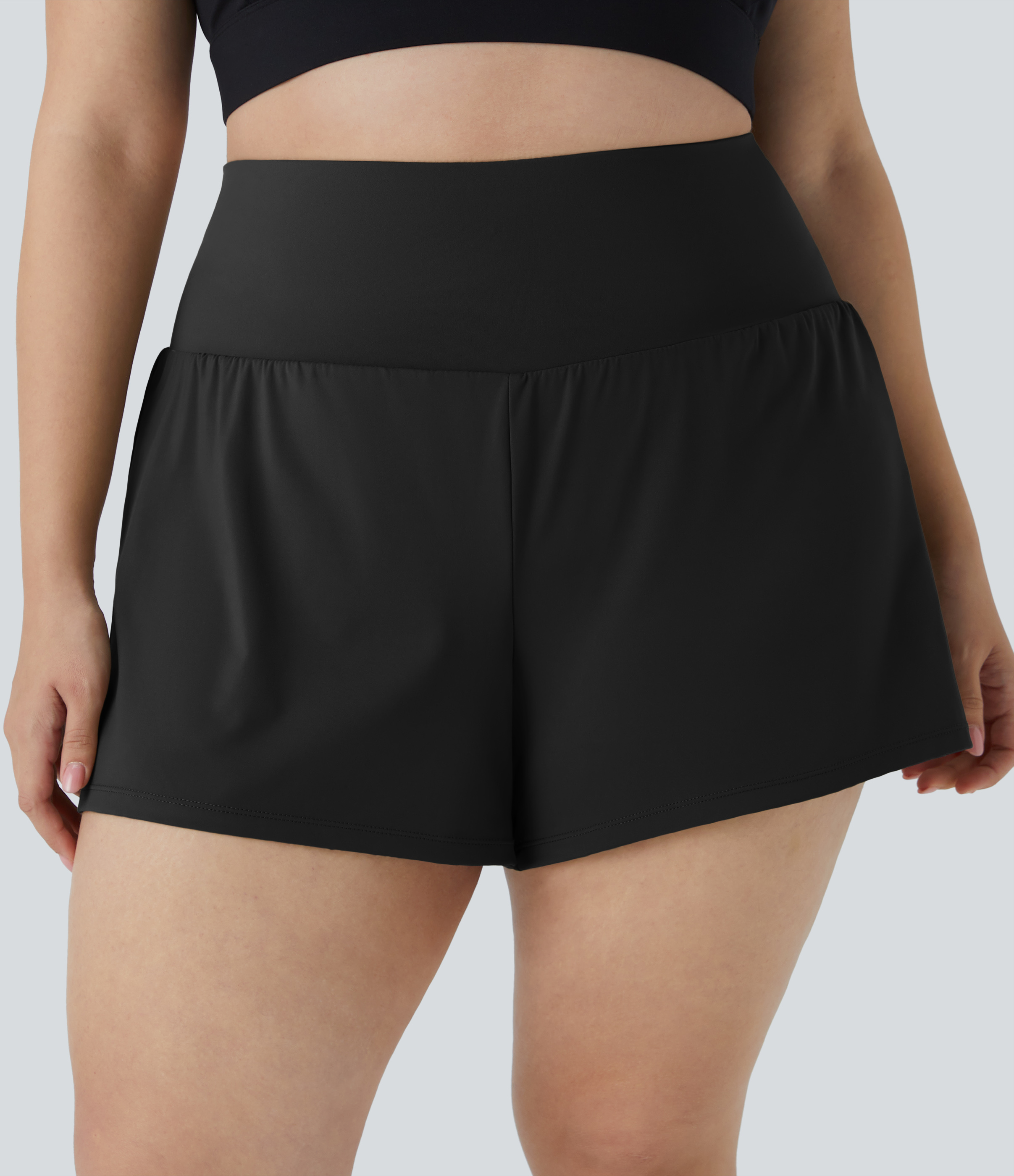 Negro Pantalón corto gimnasio bolsillo trasero lateral oculto 2 en 1 talla grande 6.3cm / 2