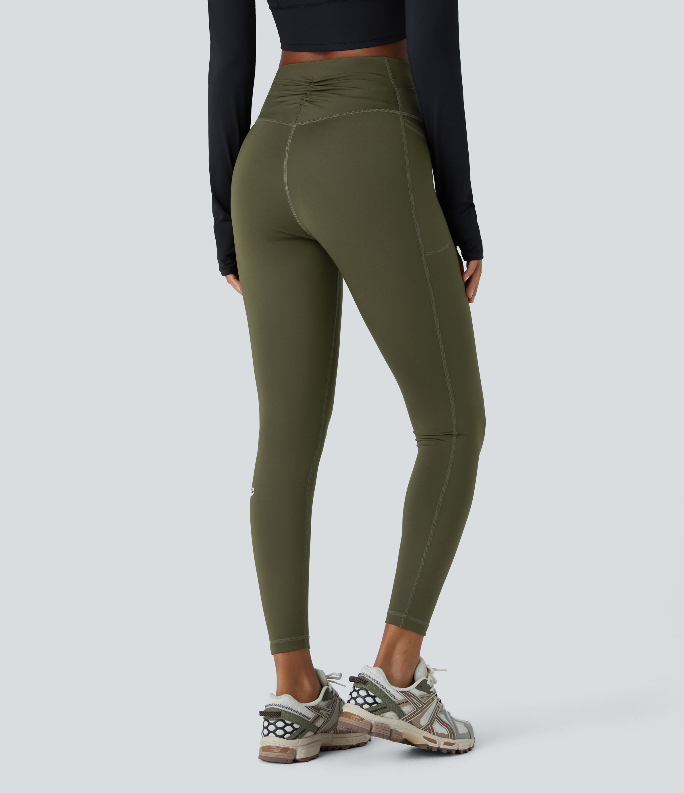 Halara SoCinched Wear-Resistant Crossover High Waisted Tummy Control Ruched Side Pocket 7/8 Workout Leggings  - Twilight Green - M(7/8) 