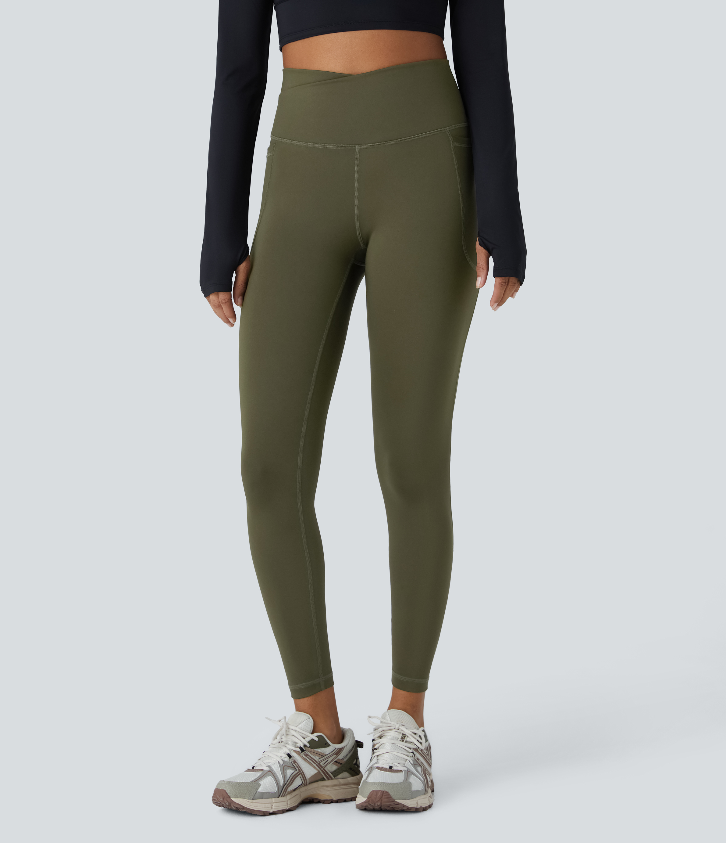 Halara SoCinched Wear-Resistant Crossover High Waisted Tummy Control Ruched Side Pocket 7/8 Workout Leggings  - Twilight Green - M(7/8) 