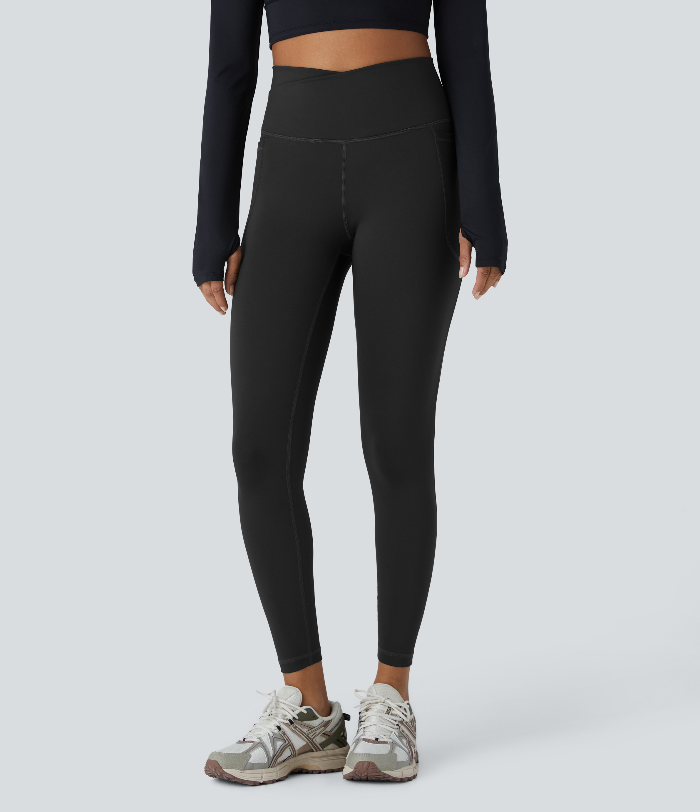 Halara SoCinched Wear-Resistant Crossover High Waisted Tummy Control Ruched Side Pocket 7/8 Workout Leggings  - Black - M(7/8) gym leggings 