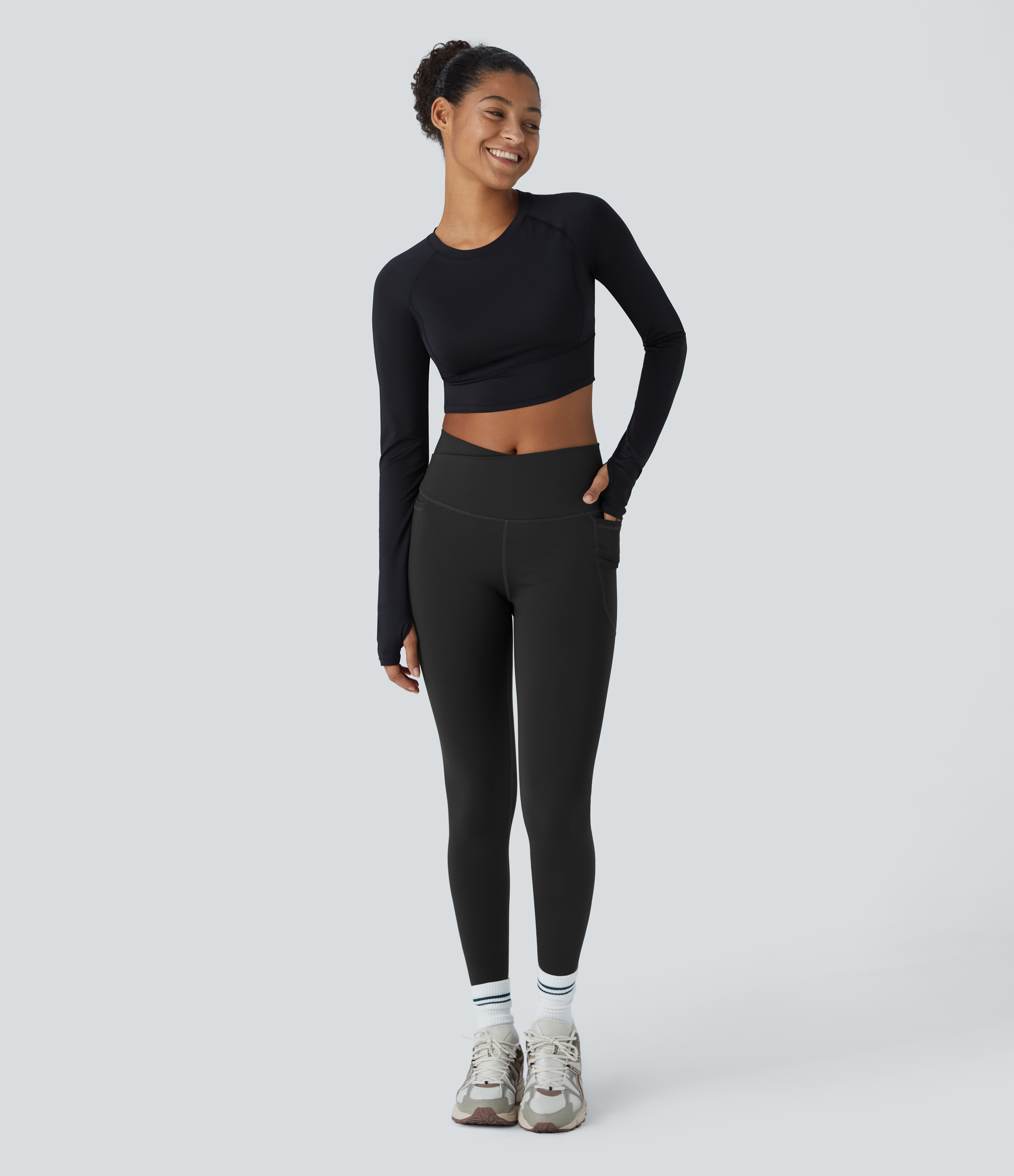 Halara SoCinched Wear-Resistant Crossover High Waisted Tummy Control Ruched Side Pocket 7/8 Workout Leggings  - Black - M(7/8) gym leggings 