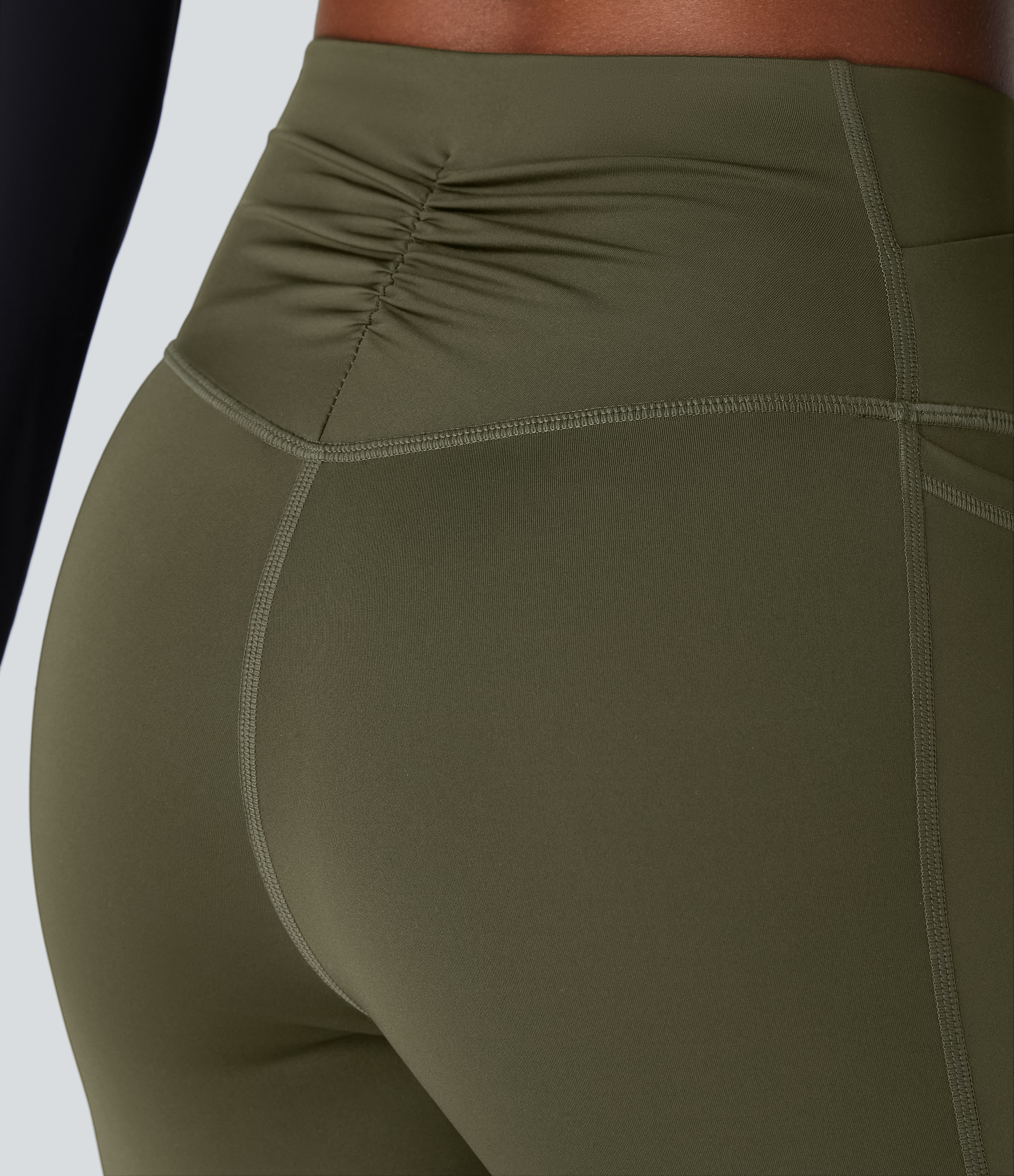 Halara SoCinched Wear-Resistant Crossover High Waisted Tummy Control Ruched Side Pocket 7/8 Workout Leggings  - Twilight Green - M(7/8) 