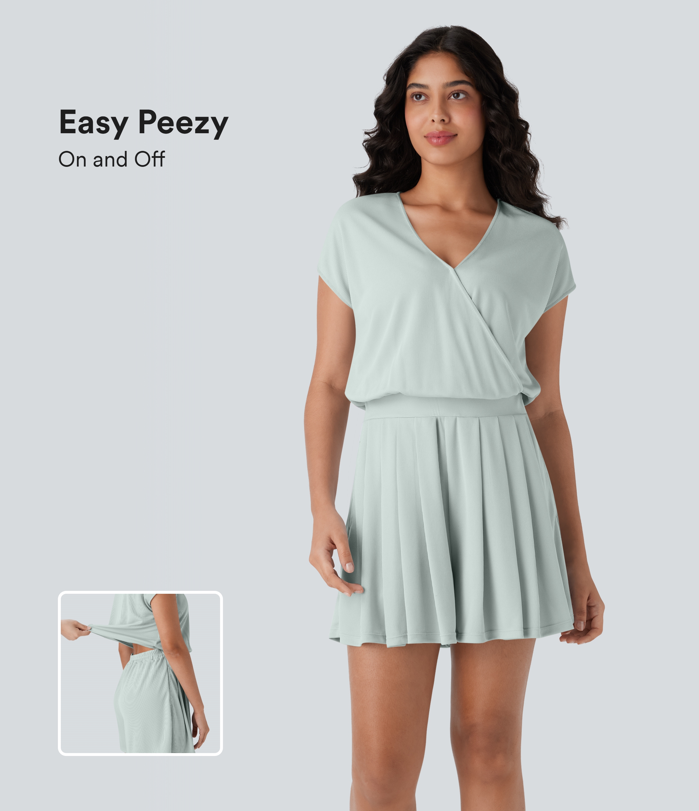 V Neck Short Sleeve Side Pocket Waffle Casual Playsuit-Easy Peezy Edition