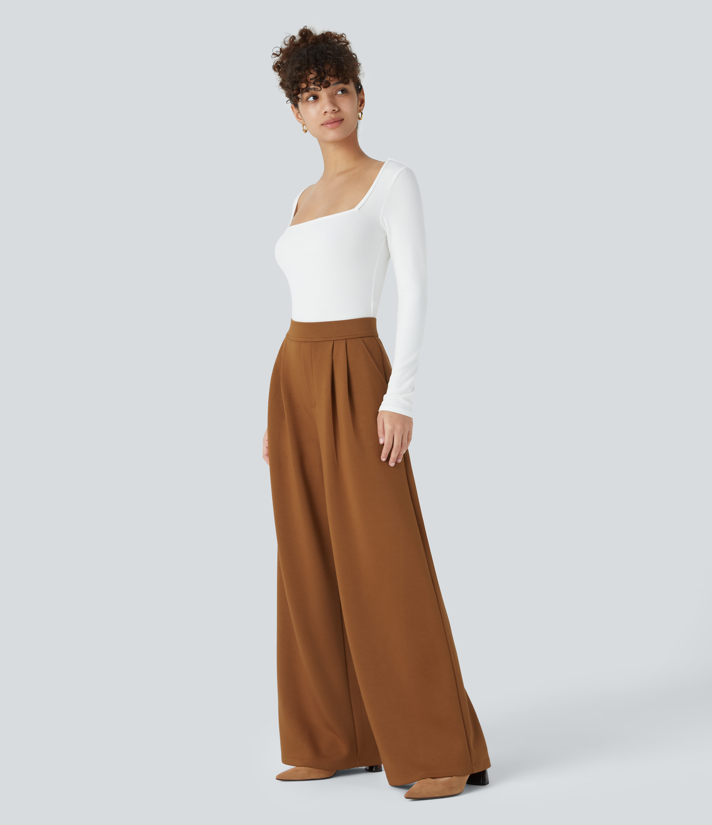 Halara High Waisted Plicated Side Pocket Wide Leg Work Pants  - Glazed Ginger - XL(regular) sweatpants jogger pants stacked sweatpants 