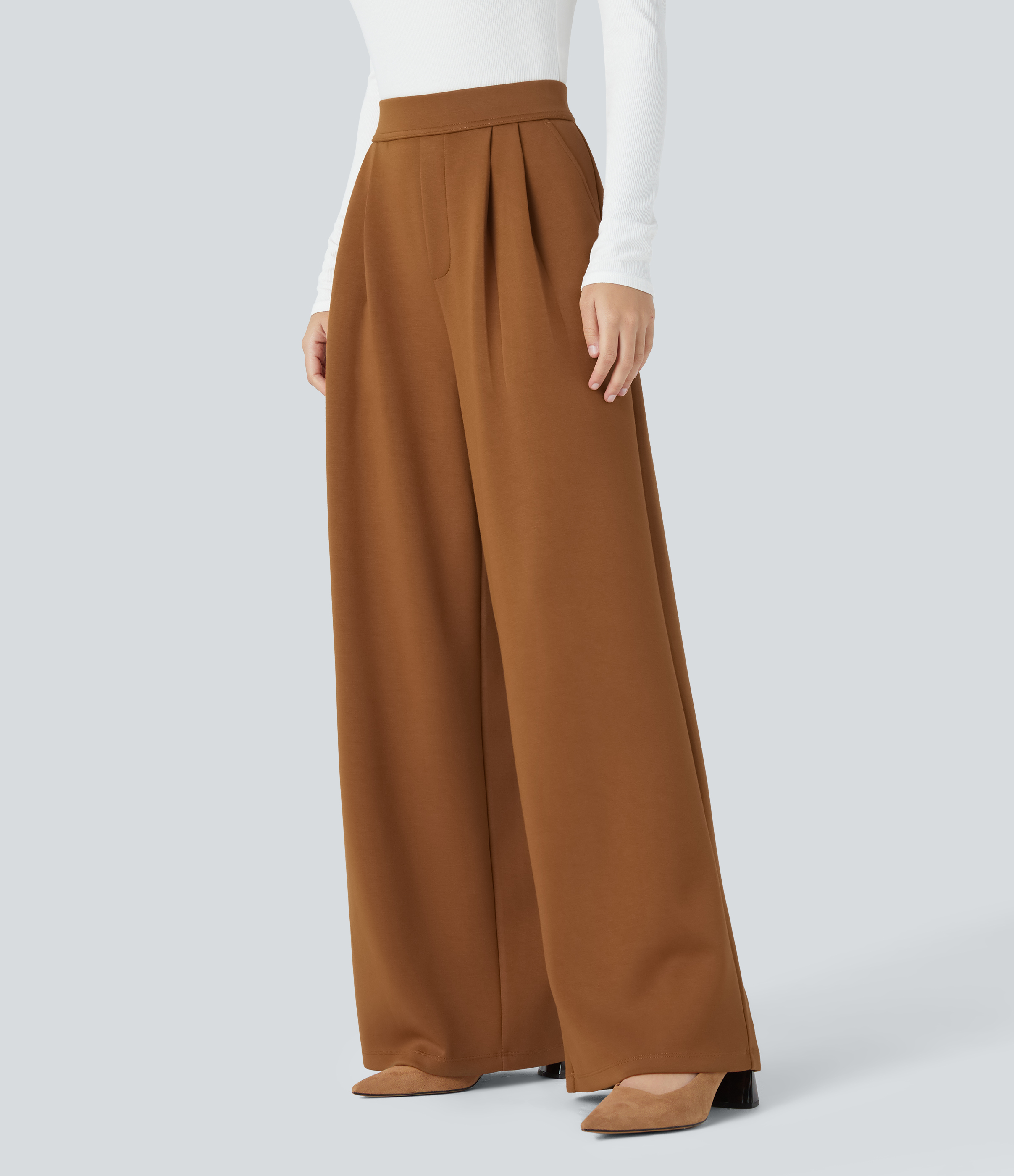 Halara High Waisted Plicated Side Pocket Wide Leg Work Pants  - Glazed Ginger - XL(regular) sweatpants jogger pants stacked sweatpants 