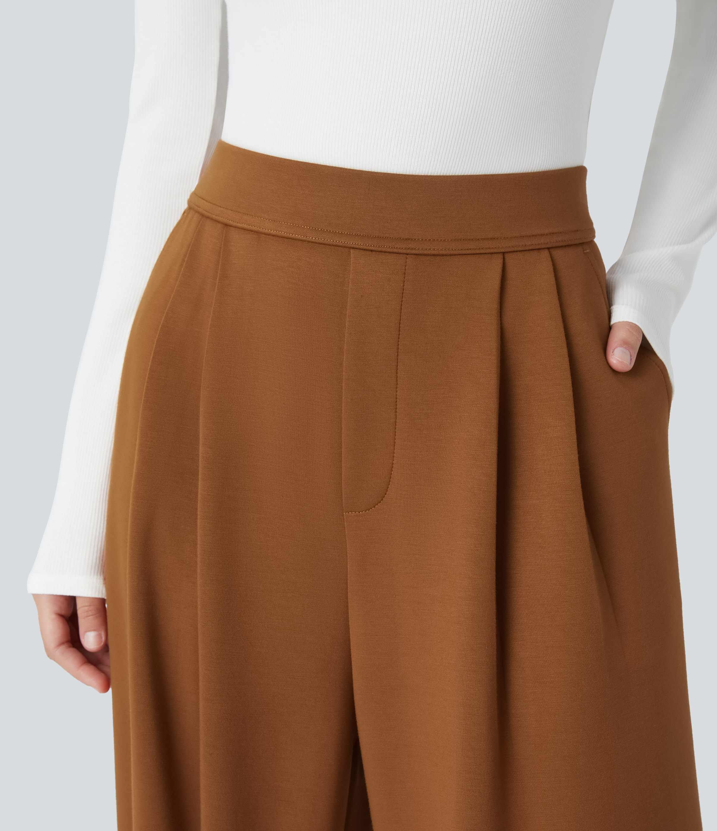 Halara High Waisted Plicated Side Pocket Wide Leg Work Pants  - Glazed Ginger - XL(regular) sweatpants jogger pants stacked sweatpants 