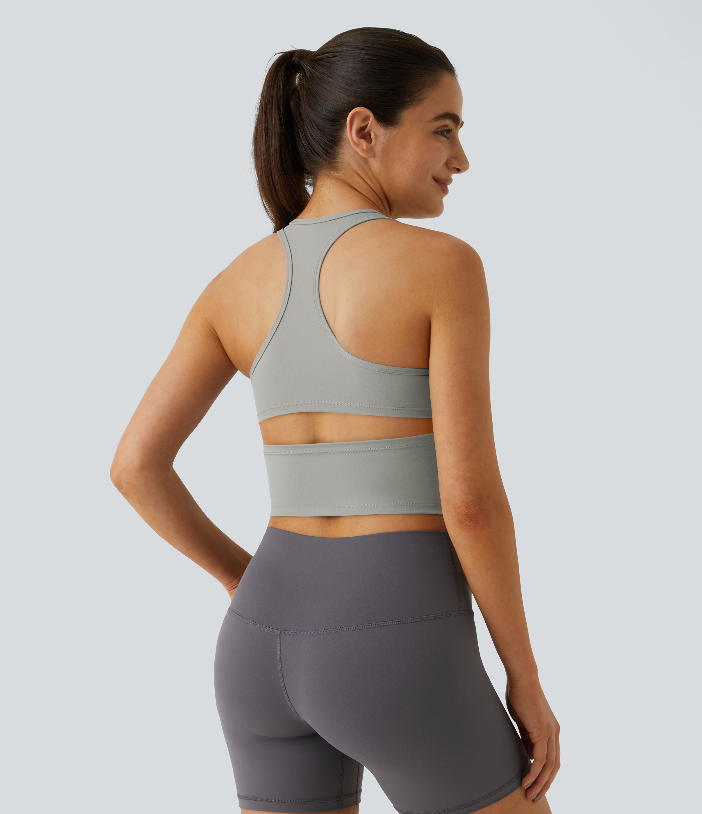 Halara In My Feels Cloudfulв„ў Fabric U Neck Backless Racerback Cut Out Cropped Yoga Tank Top Tank Top - Mist Grey - S golf tops halter top 