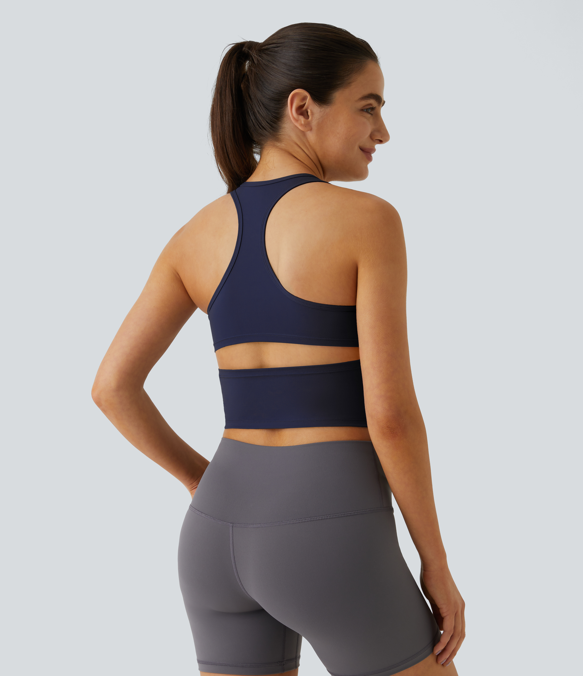 Halara In My Feels Cloudfulв„ў Fabric U Neck Backless Racerback Cut Out Cropped Yoga Tank Top Tank Top - Peacoat - L golf tops halter top 