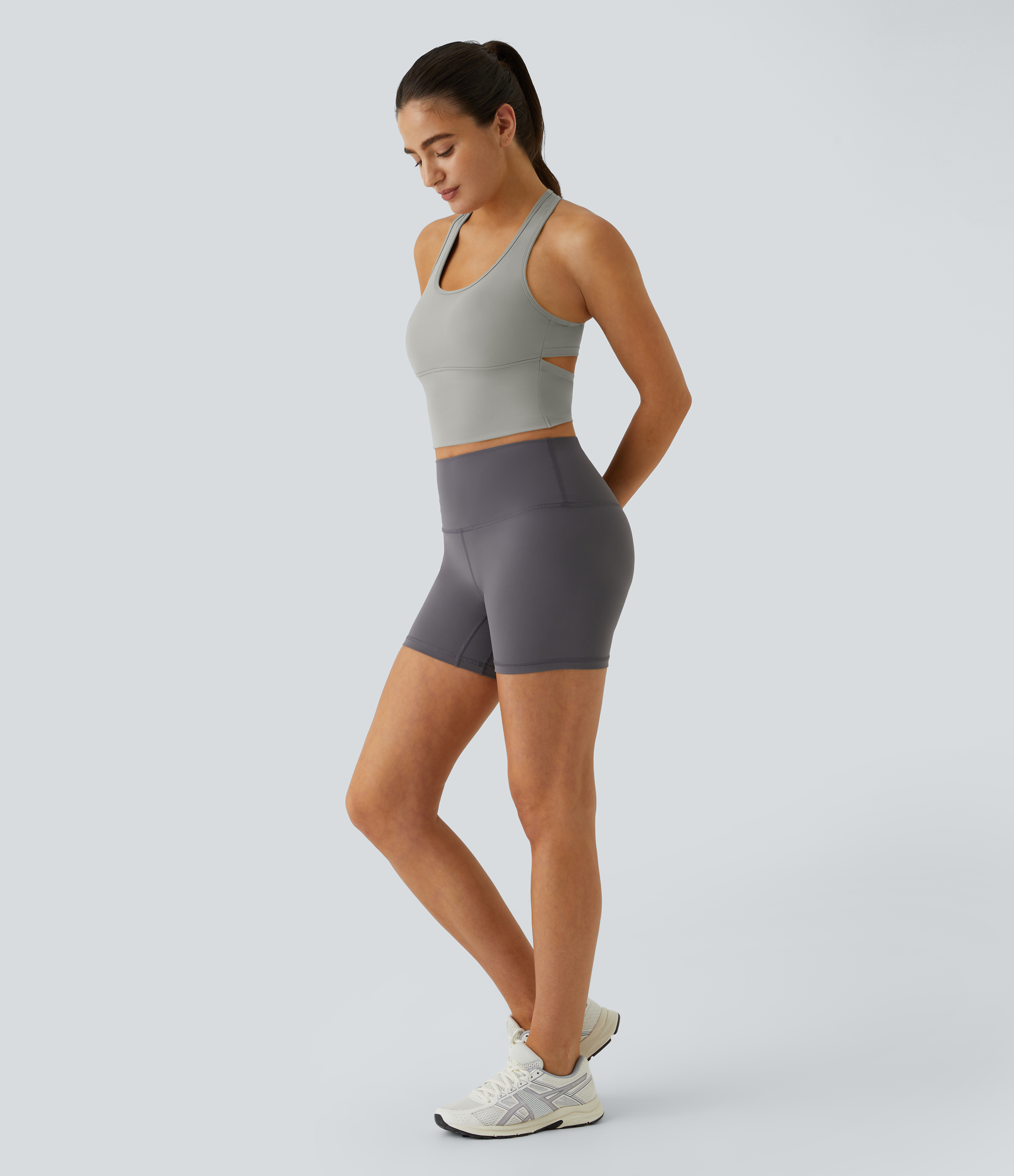 Halara In My Feels Cloudfulв„ў Fabric U Neck Backless Racerback Cut Out Cropped Yoga Tank Top Tank Top - Mist Grey - S golf tops halter top 