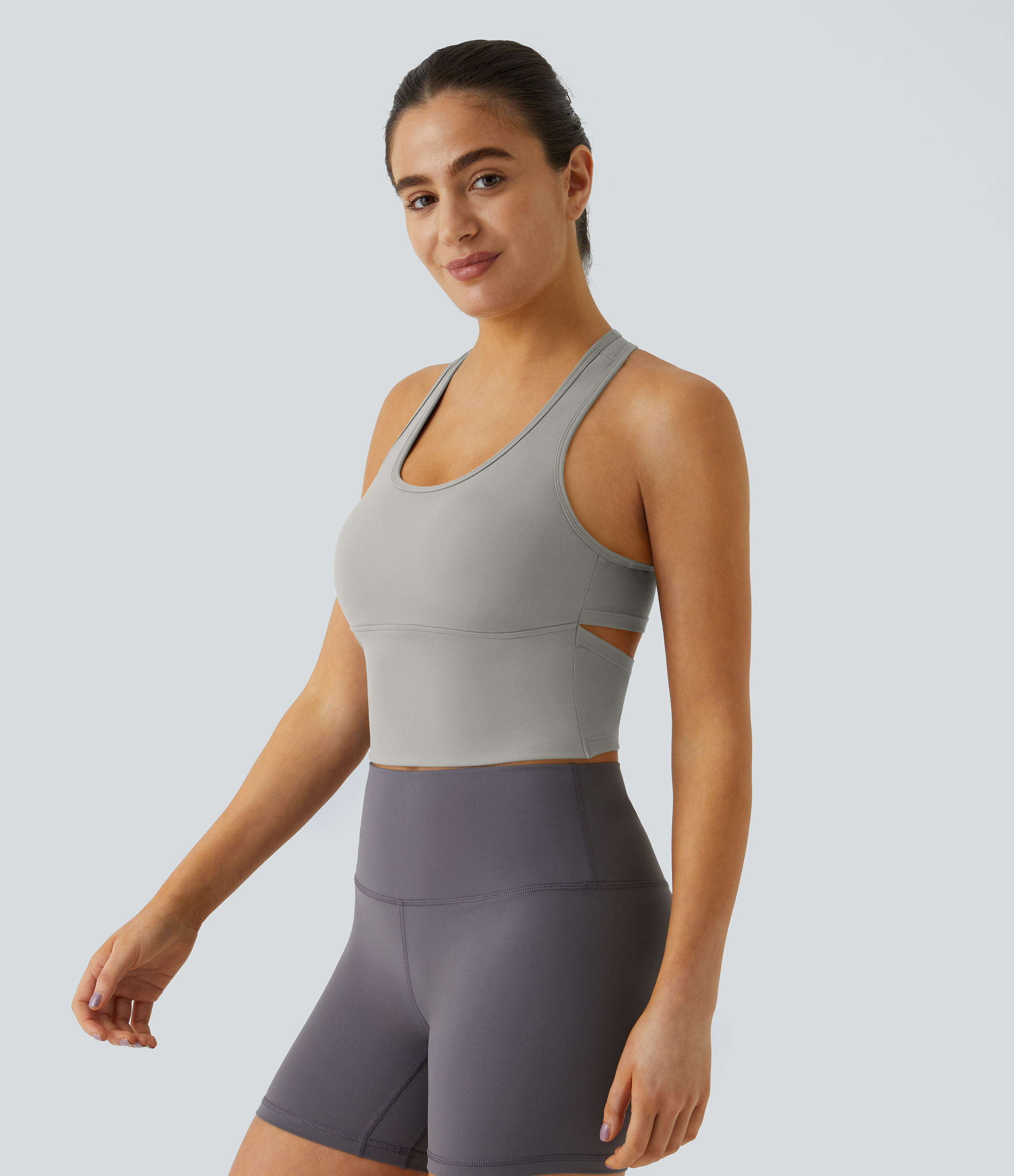 Halara In My Feels Cloudfulв„ў Fabric U Neck Backless Racerback Cut Out Cropped Yoga Tank Top Tank Top - Mist Grey - S golf tops halter top 