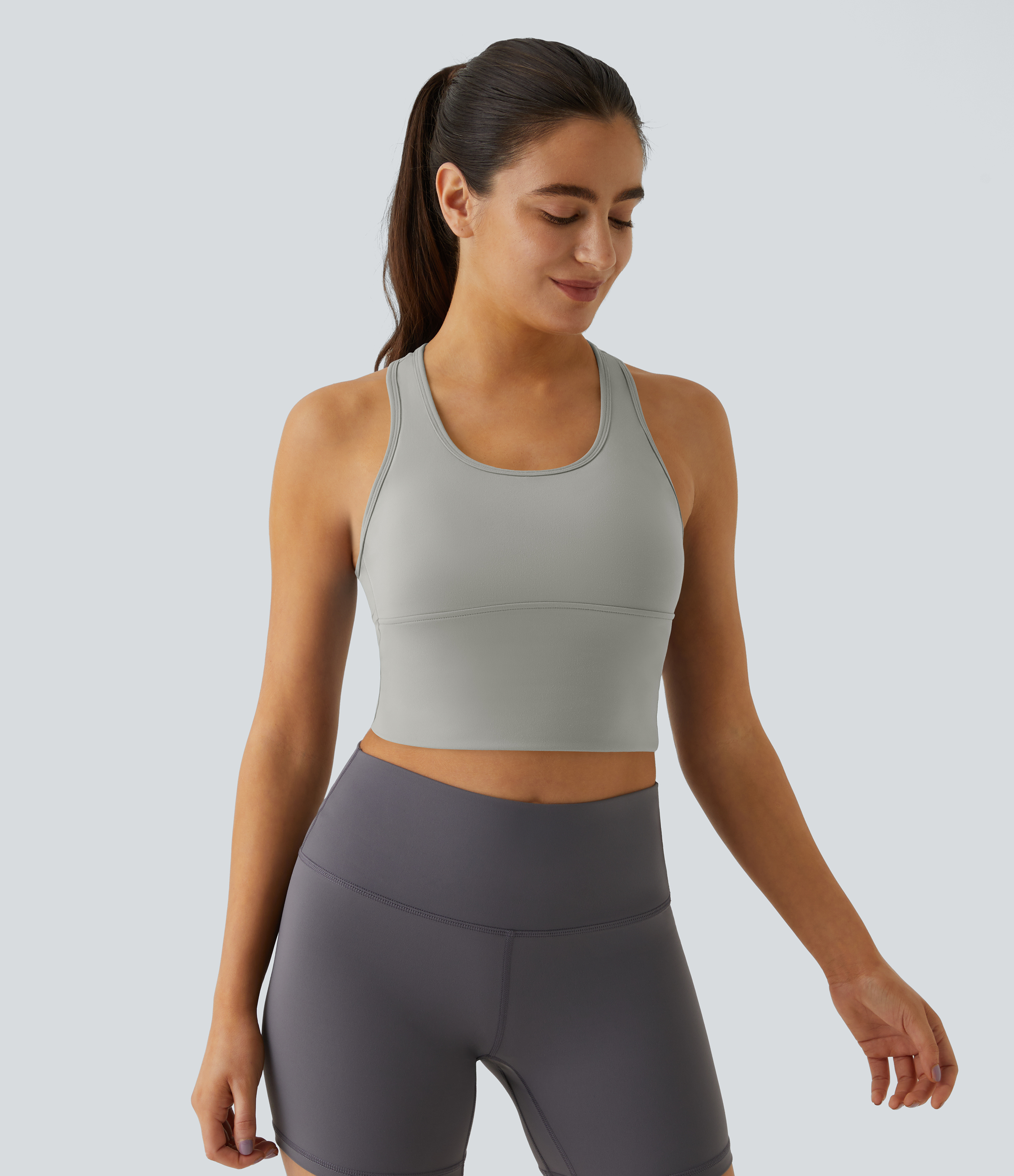 Halara In My Feels Cloudfulв„ў Fabric U Neck Backless Racerback Cut Out Cropped Yoga Tank Top Tank Top - Mist Grey - S golf tops halter top 
