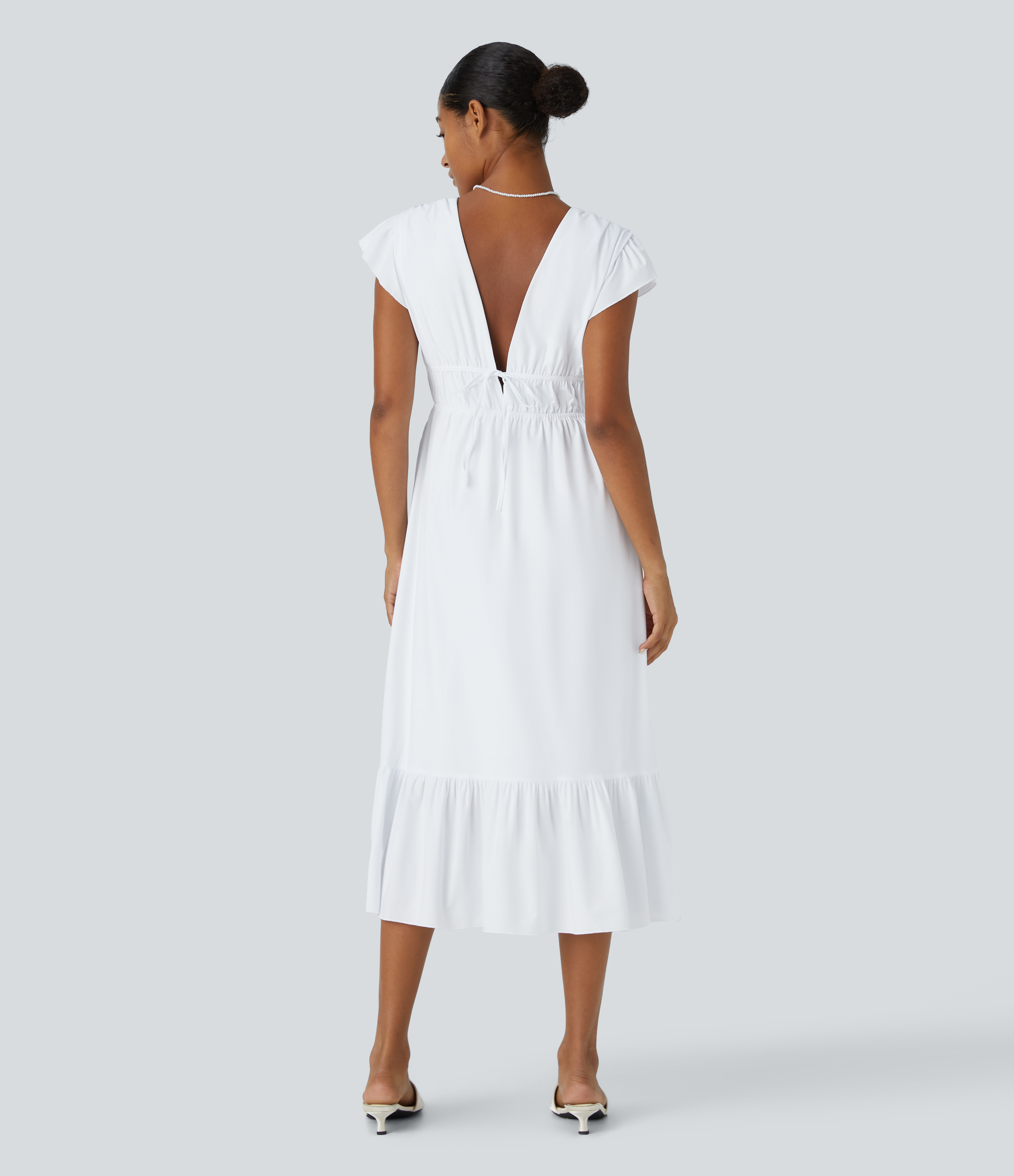 Blanco Breezeful™ Vestido midi secado rápido dama de honor invitada boda cuello V profundo manga mariposa sin espalda nudo lateral dobladillo volante / 2