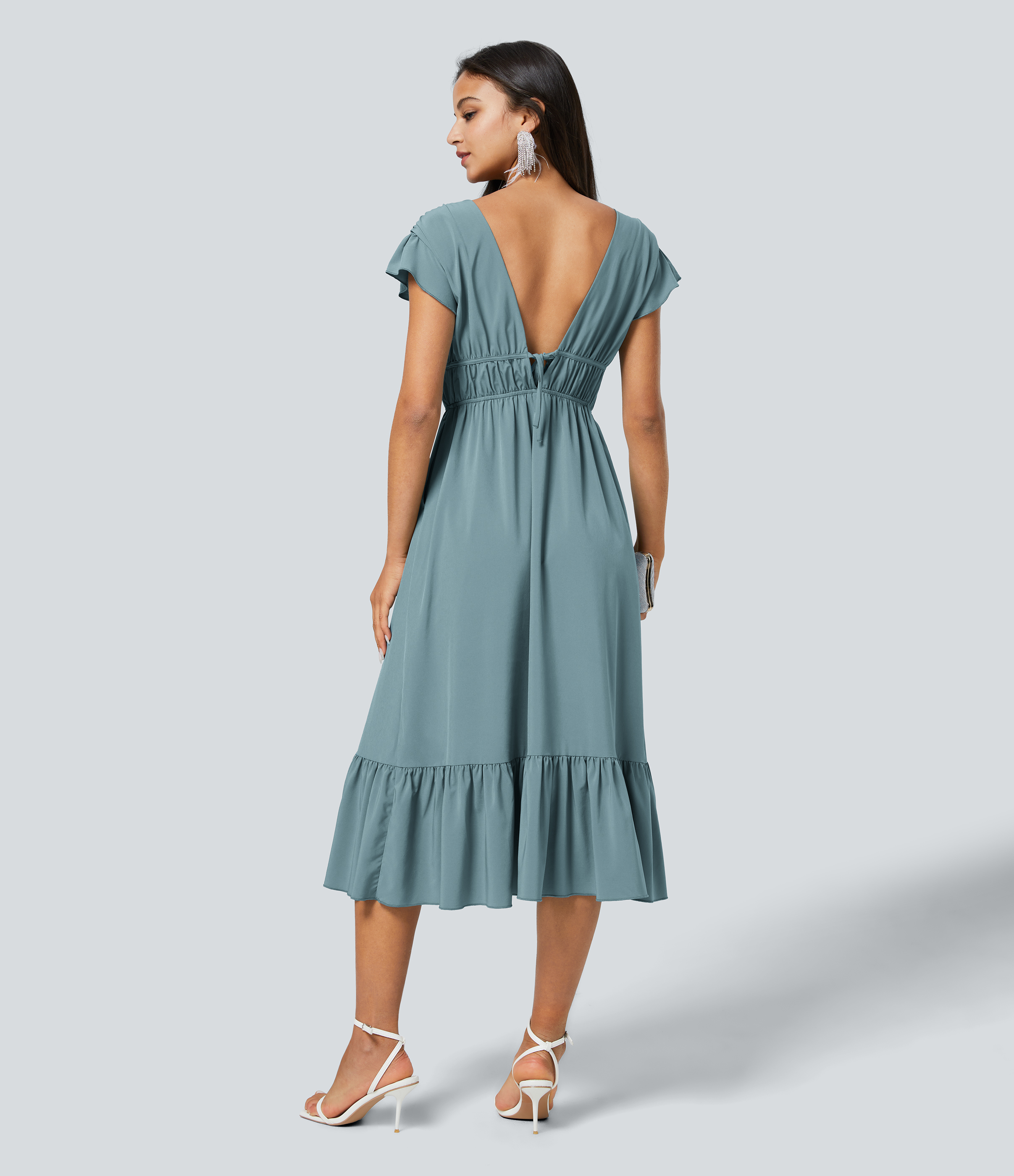 Stone Blue Breezeful™ Deep V Neck Butterfly Sleeve Backless Knot Side Pocket Ruffle Hem Midi Quick Dry Bridesmaid and Wedding Guest Dress / 2