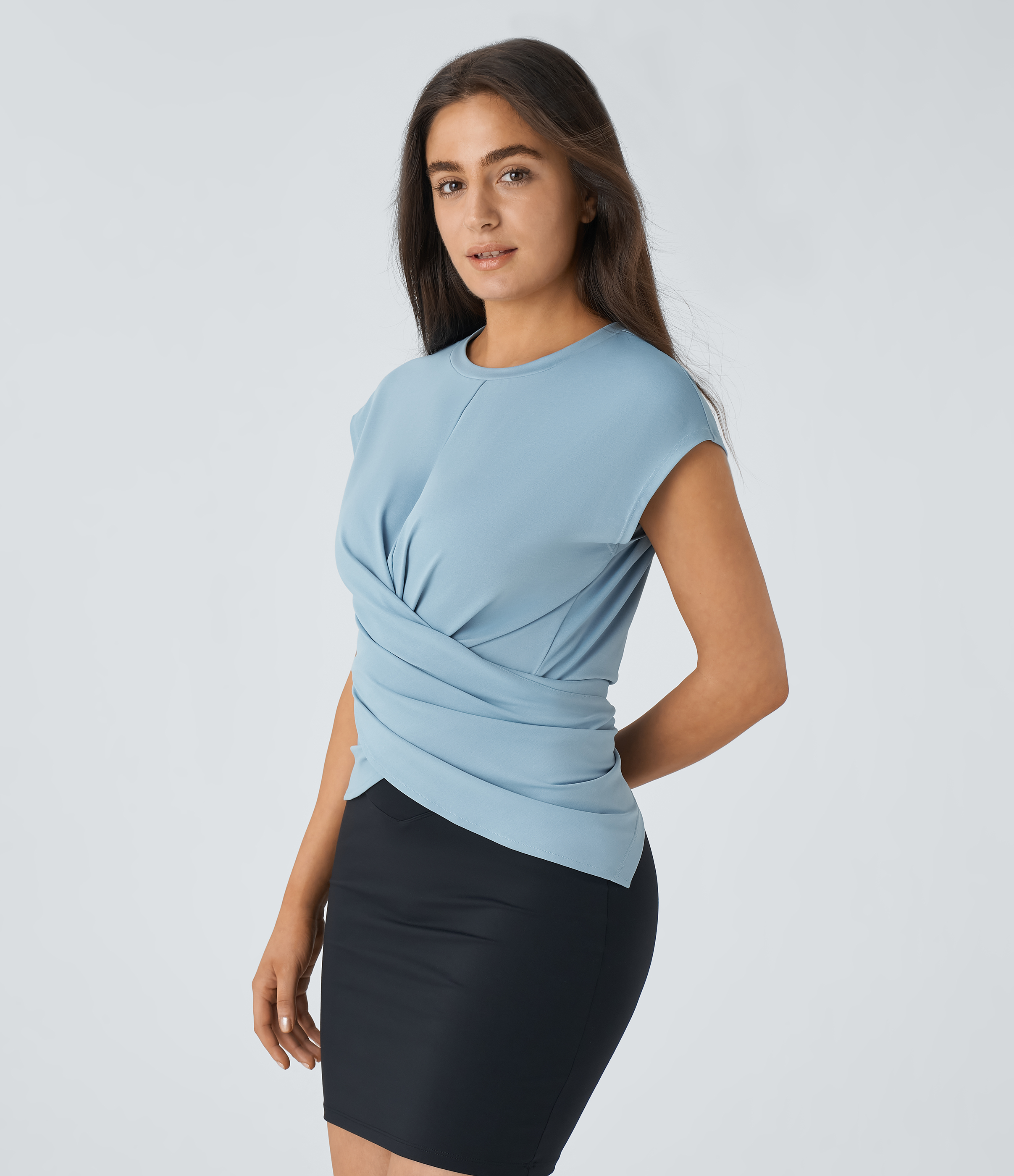 Halara Cap Sleeve Crossover Hem Adjustable Button Work Top  - Moon ice blue - S 