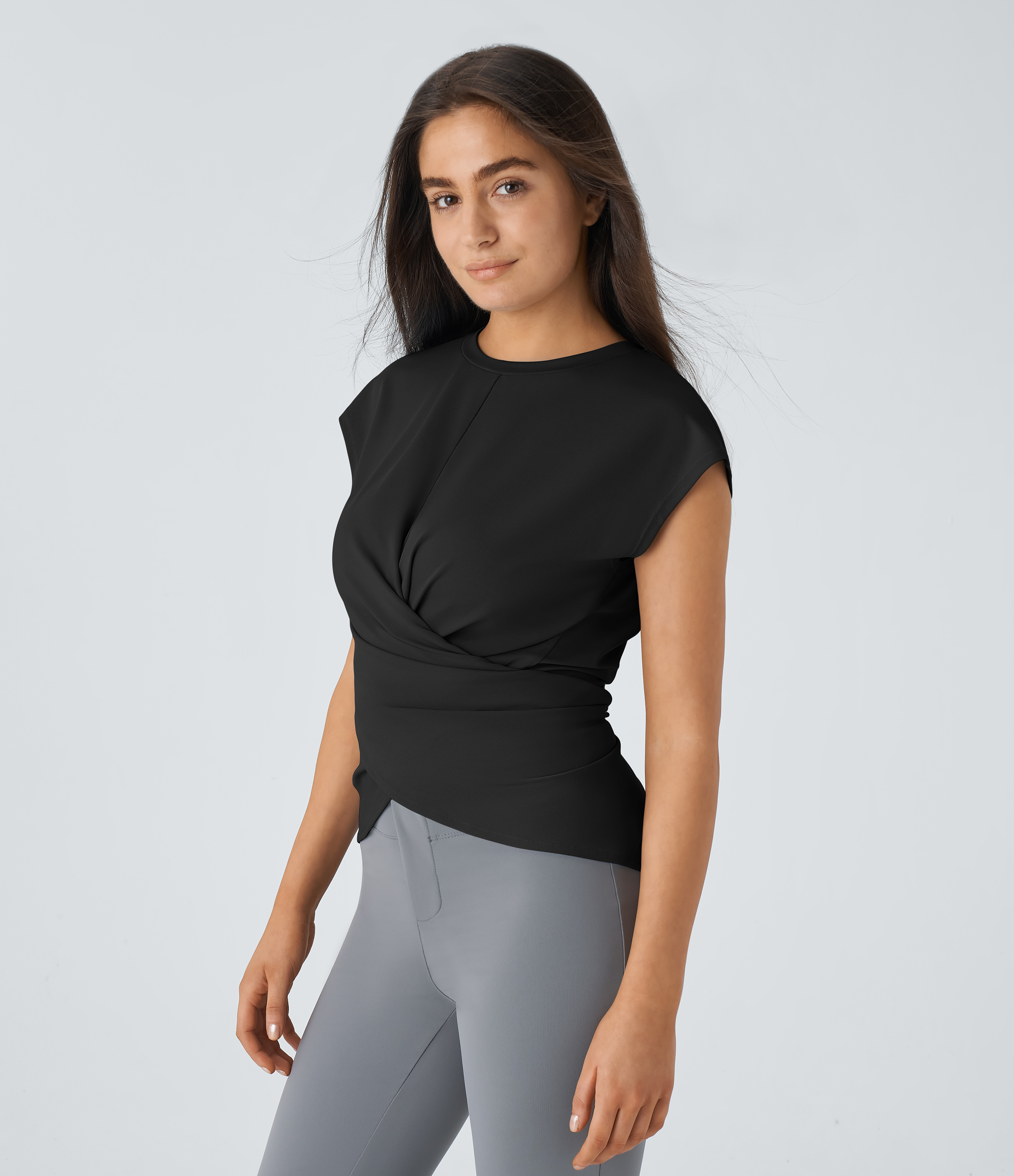 Halara Cap Sleeve Crossover Hem Adjustable Button Work Top  - Black - XL 
