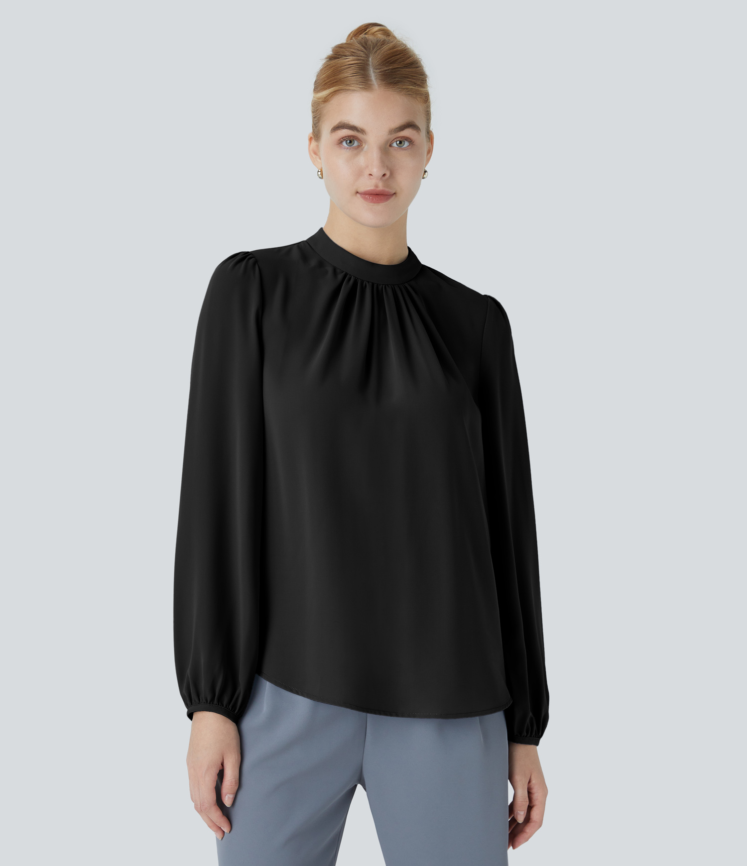 Halara Keyhole Back Plicated Long Sleeve Curved Hem Work Blouse  - Black - M 