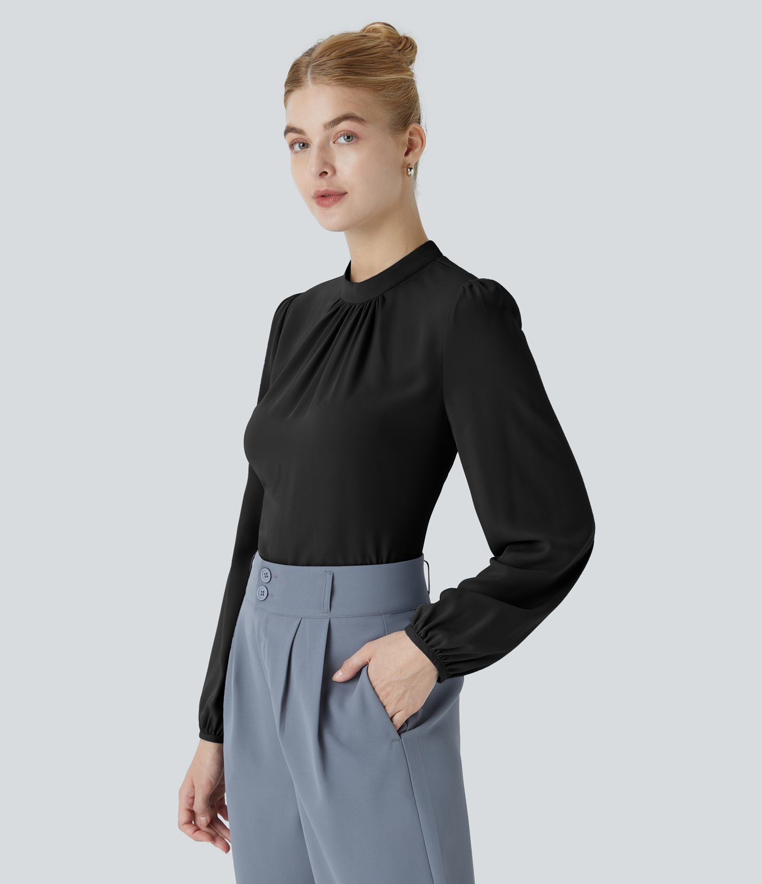 Halara Keyhole Back Plicated Long Sleeve Curved Hem Work Blouse  - Black - M 