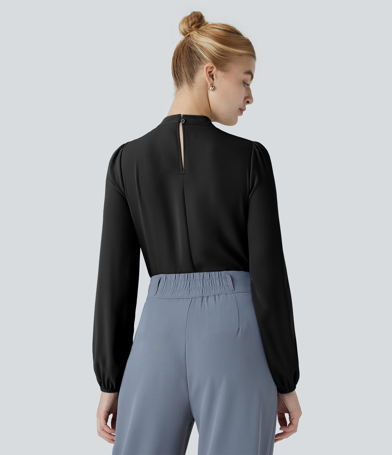 Halara Keyhole Back Plicated Long Sleeve Curved Hem Work Blouse  - Black - M 