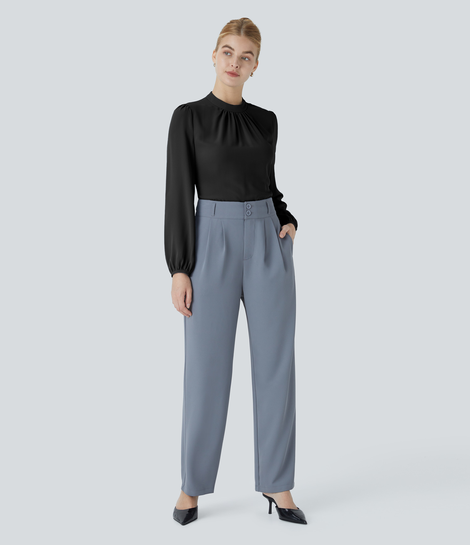Halara Keyhole Back Plicated Long Sleeve Curved Hem Work Blouse  - Black - M 