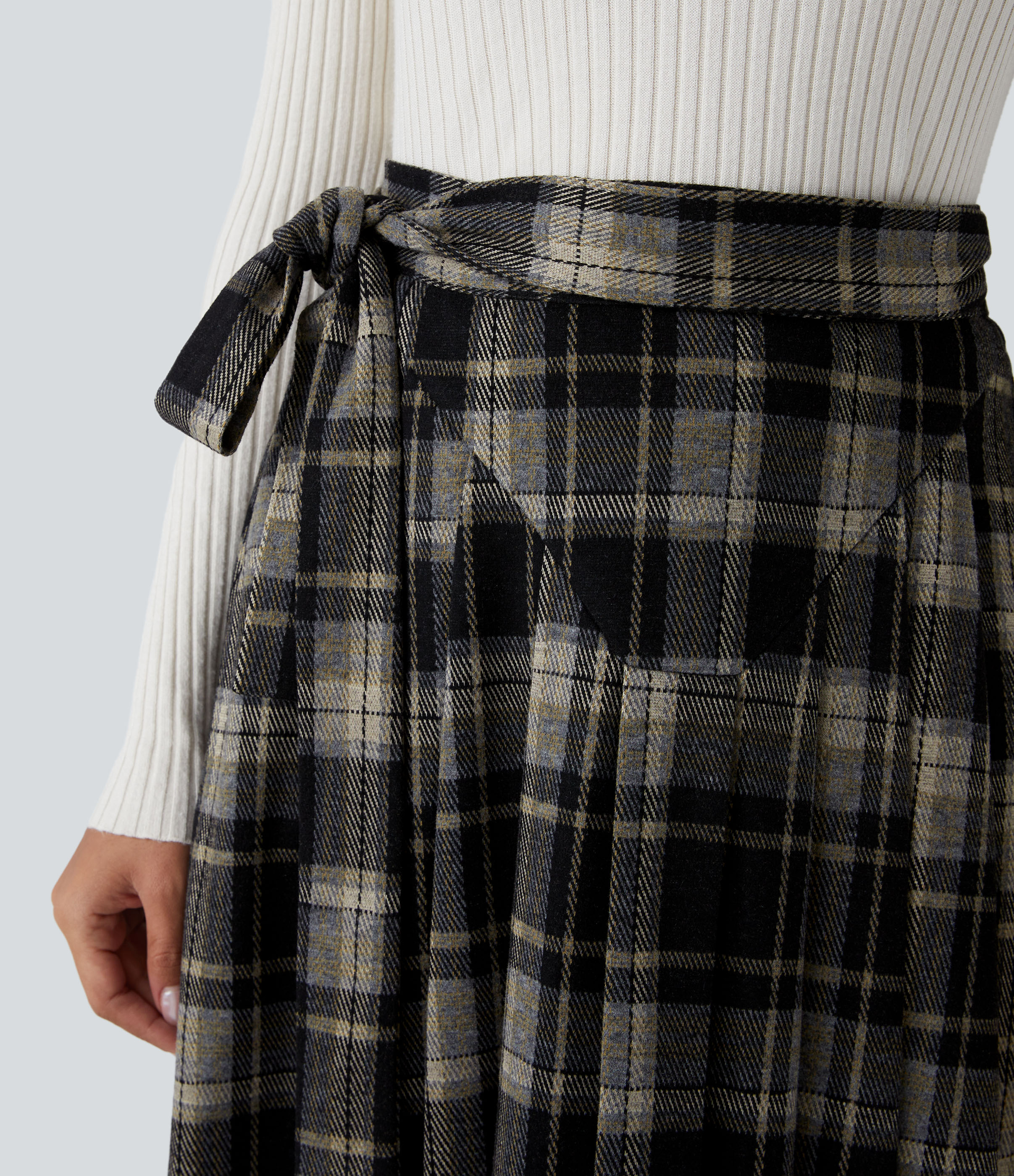 Halara High Waisted Belted Wrapped Side Pocket Plaid Midi Work Skirt-Front and Back Wearable  - Dark Yellow Plaid - S(regular) 