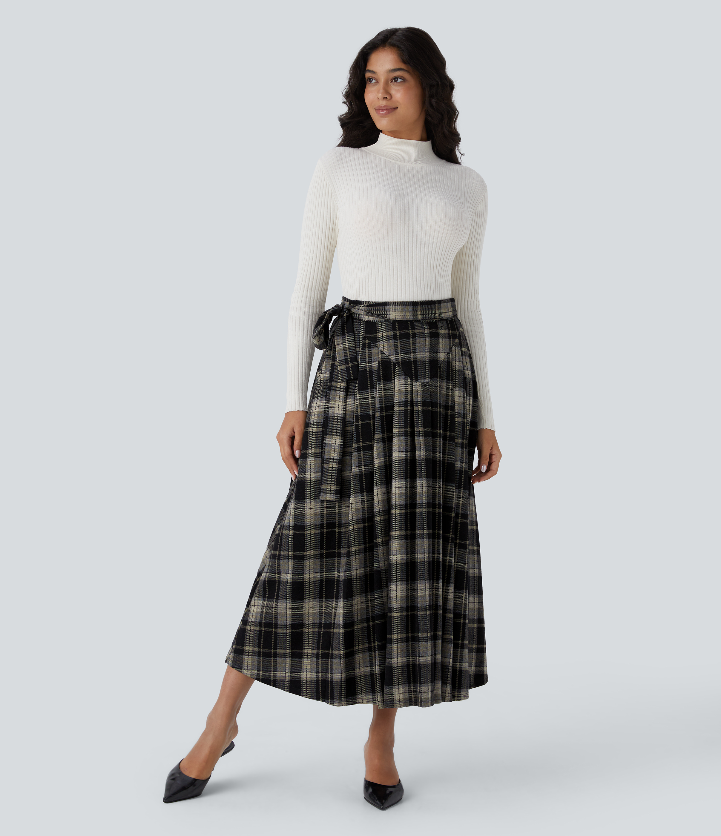 Halara High Waisted Belted Wrapped Side Pocket Plaid Midi Work Skirt-Front and Back Wearable  - Dark Yellow Plaid - S(regular) 