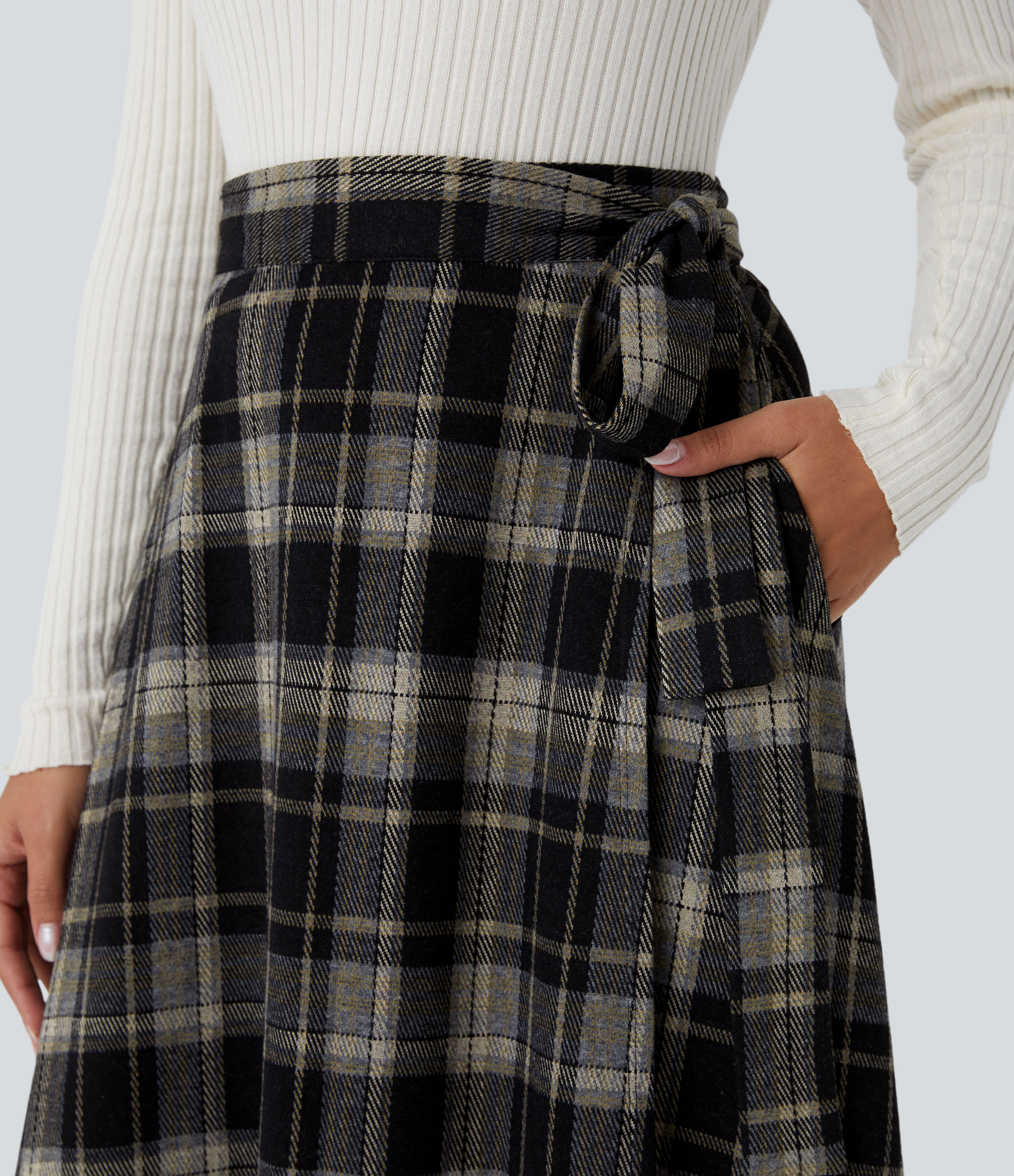 Halara High Waisted Belted Wrapped Side Pocket Plaid Midi Work Skirt-Front and Back Wearable  - Dark Yellow Plaid - S(regular) 