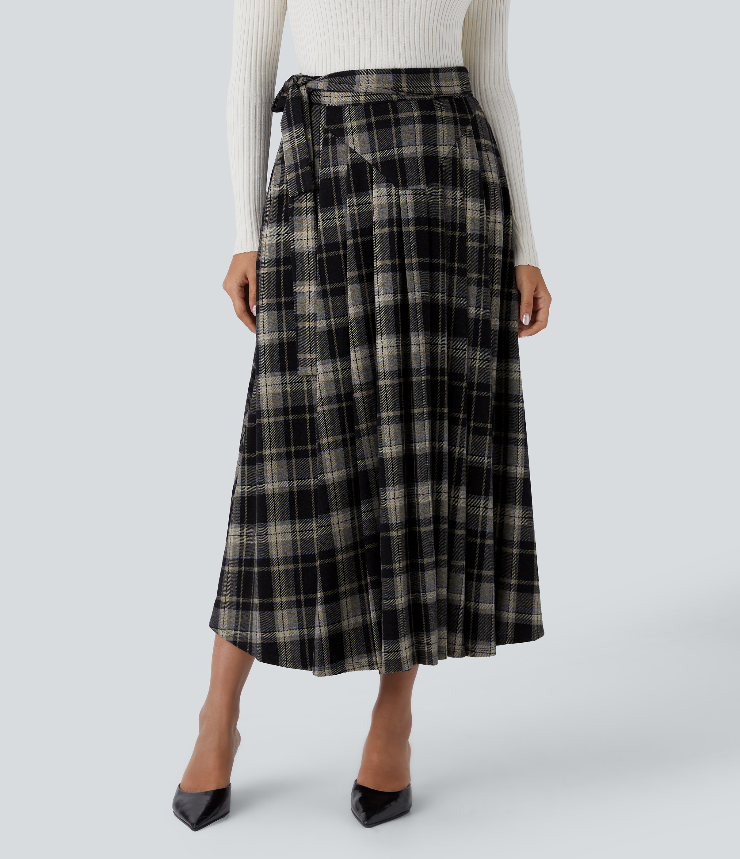 Halara High Waisted Belted Wrapped Side Pocket Plaid Midi Work Skirt-Front and Back Wearable  - Dark Yellow Plaid - S(regular) 