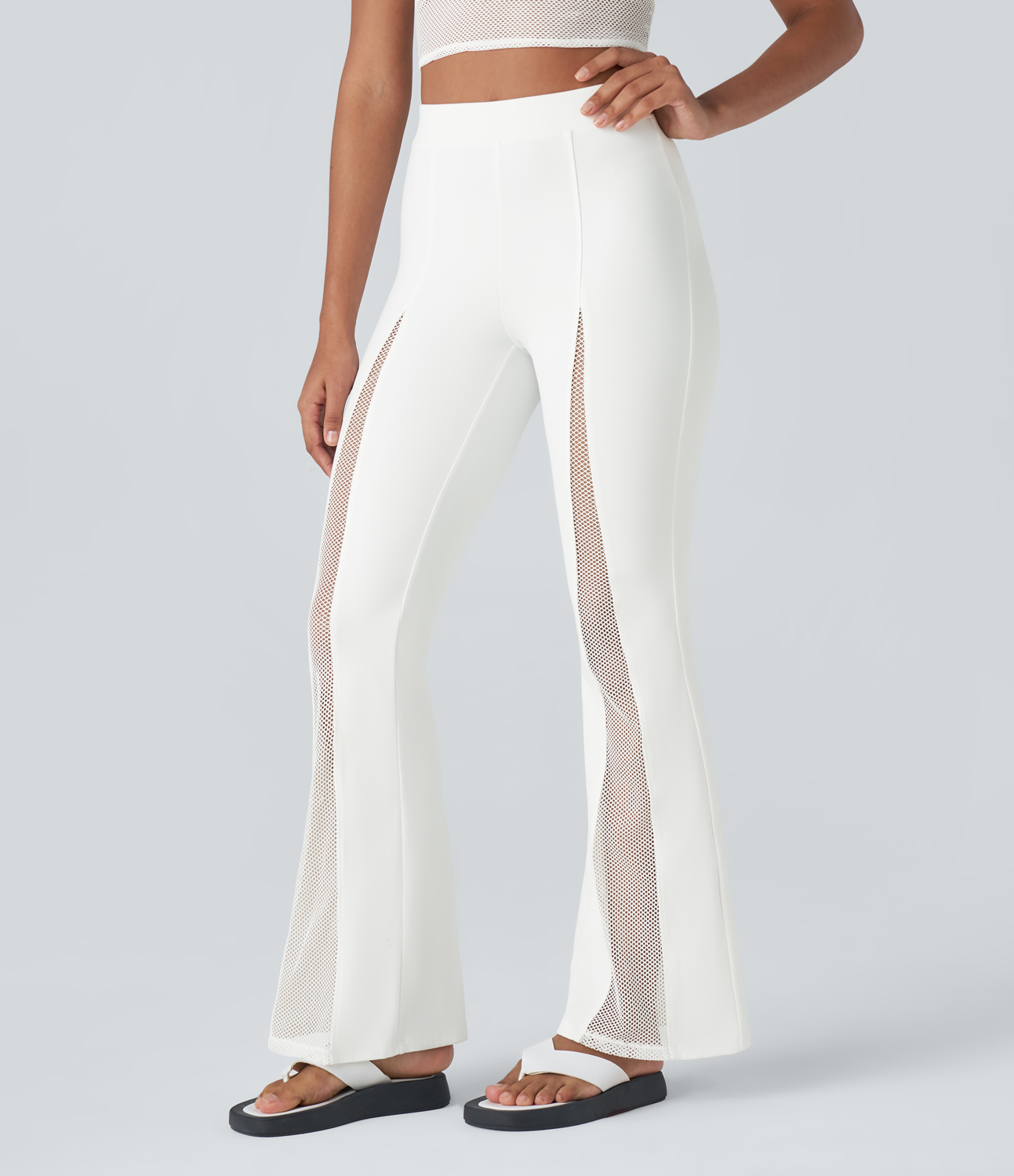 

Halara Softlyzeroв„ў Plush High Waisted Contrast Mesh Casual Flare Leggings - White -  gym leggings leggings with pockets