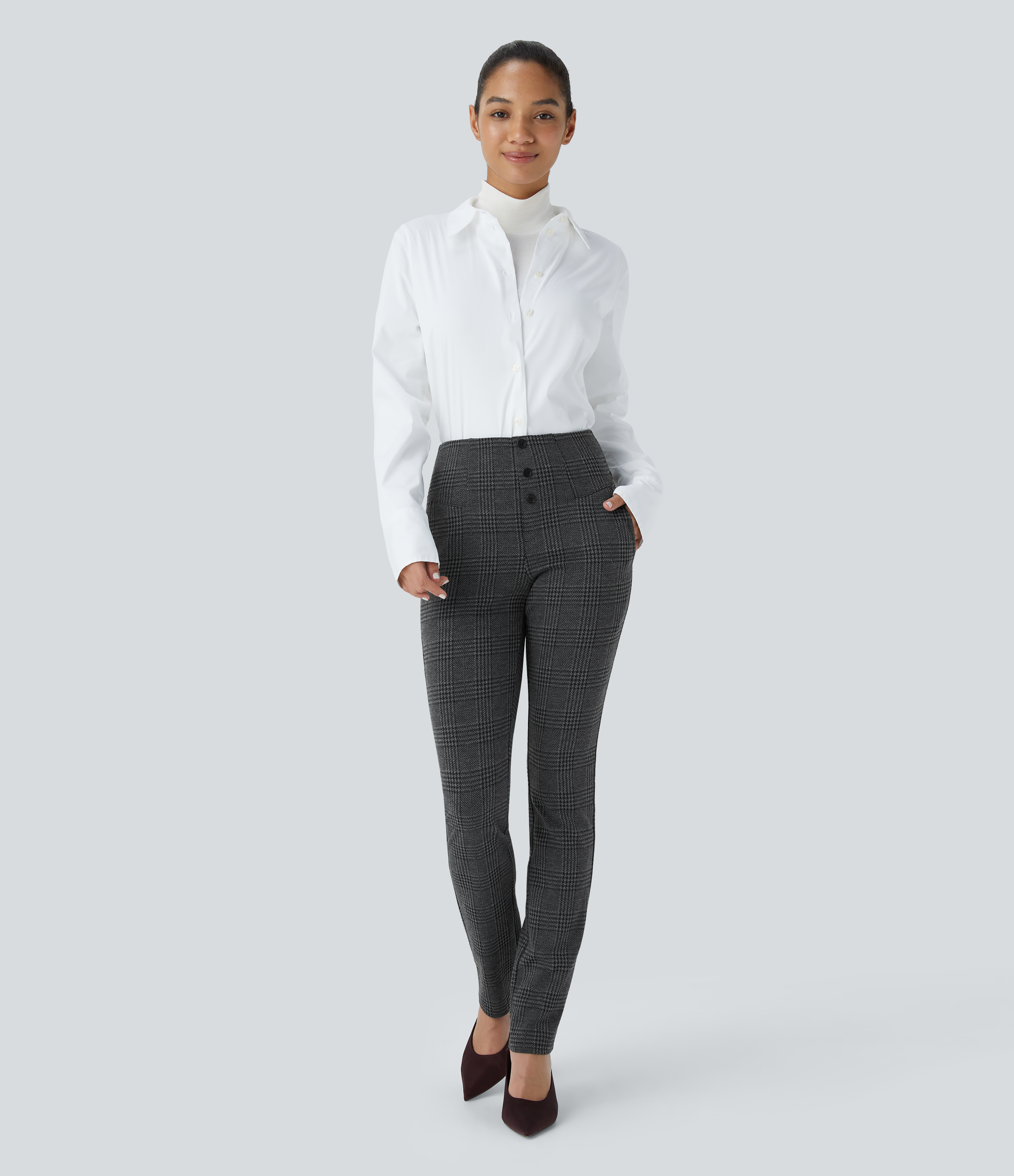 Halara Halara Flexв„ў High Waisted Decorative Button Side Pocket Houndstooth Plaid Skinny Work Pants  - Charcoal Black Houndstooth Plaid - L(regular) 