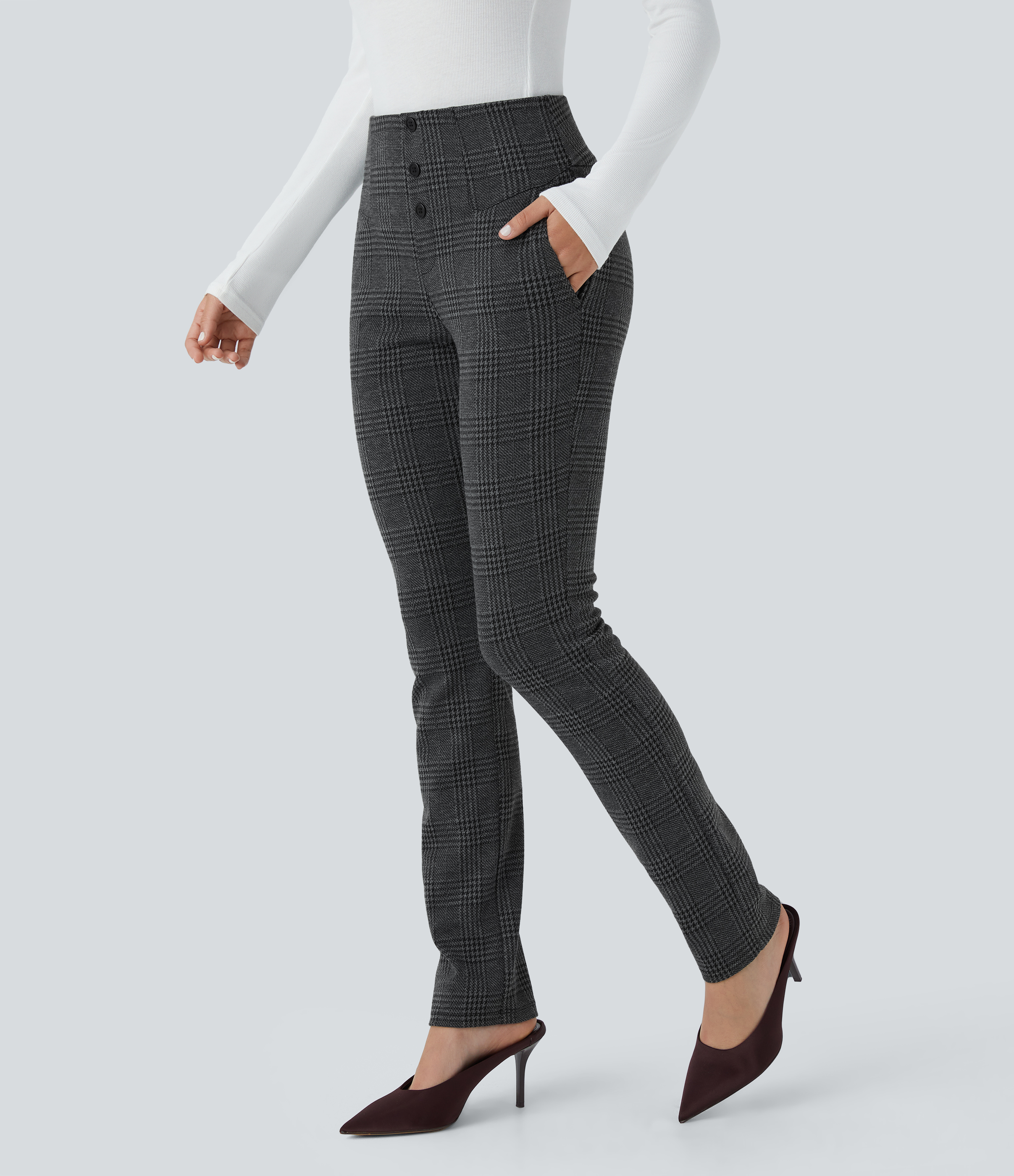 Halara Halara Flexв„ў High Waisted Decorative Button Side Pocket Houndstooth Plaid Skinny Work Pants  - Charcoal Black Houndstooth Plaid - L(regular) 