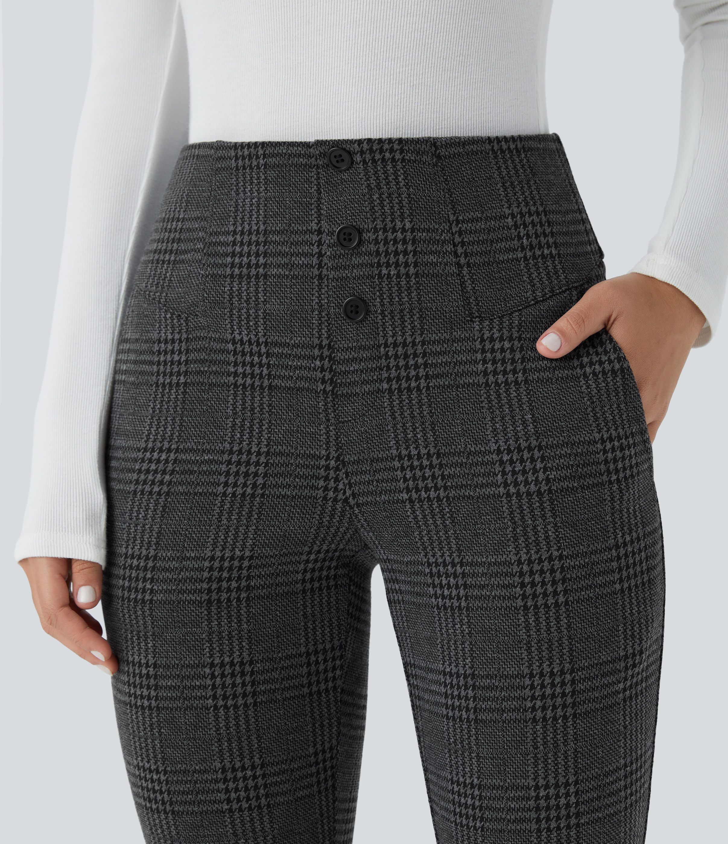 Halara Halara Flexв„ў High Waisted Decorative Button Side Pocket Houndstooth Plaid Skinny Work Pants  - Charcoal Black Houndstooth Plaid - L(regular) 