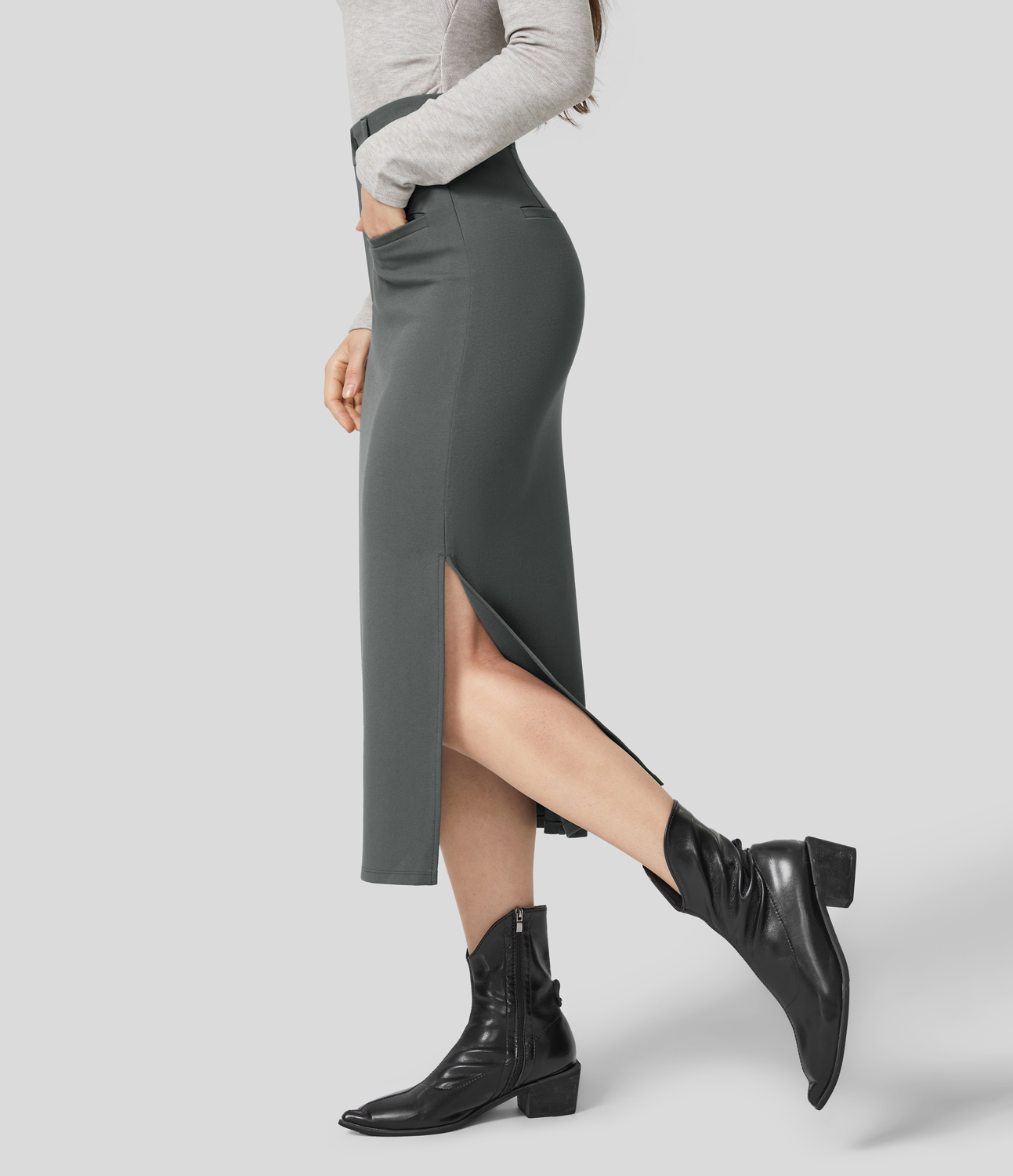 Halara High Waisted Button Zipper Front Side Pocket Split Bodycon Midi Work Skirt  - Sedona Sage - XL(regular) 