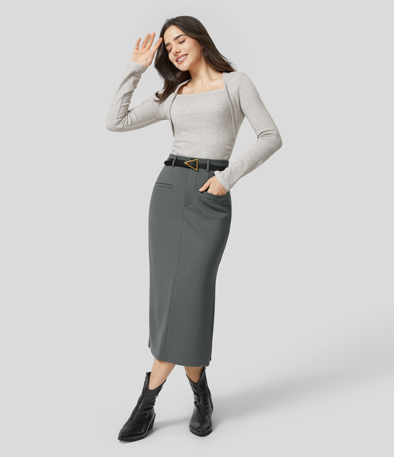 Halara High Waisted Button Zipper Front Side Pocket Split Bodycon Midi Work Skirt  - Sedona Sage - XL(regular) 