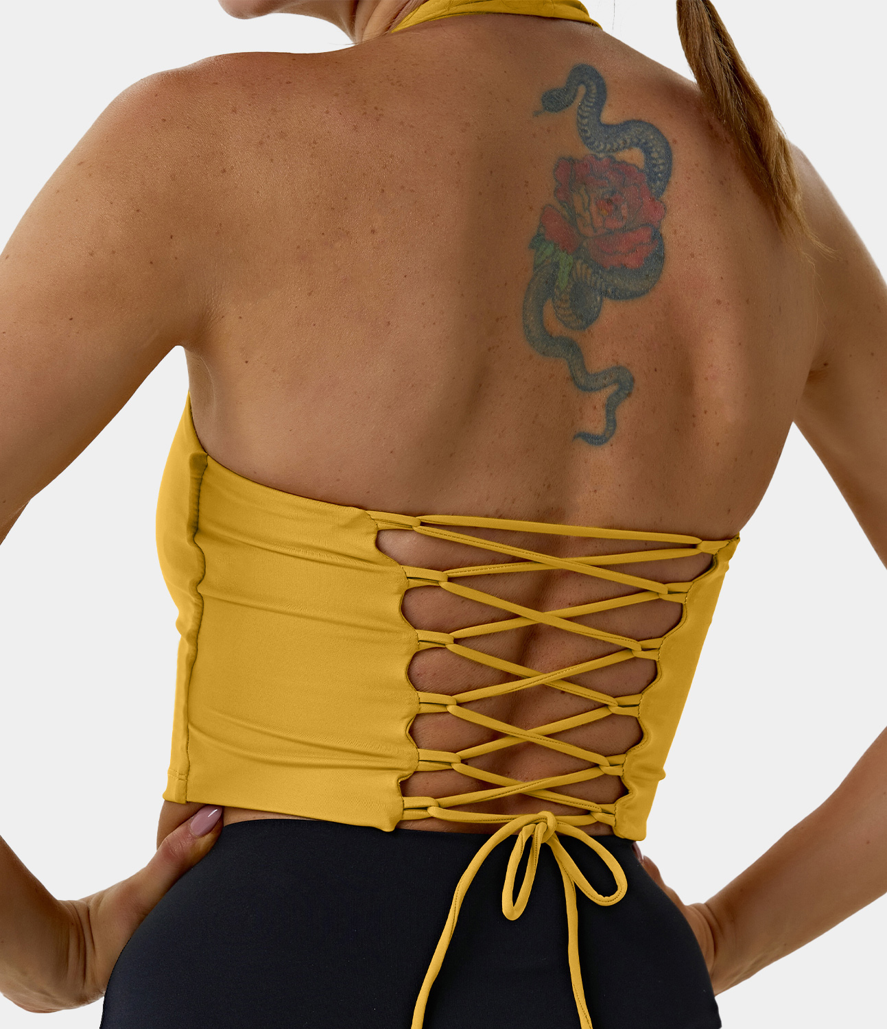 Halara Halter Backless Crisscross Lace Up Workout Cropped Tank Top Tank Top - Goldenrod - L golf tops halter top tunic tops sleeveless tops 