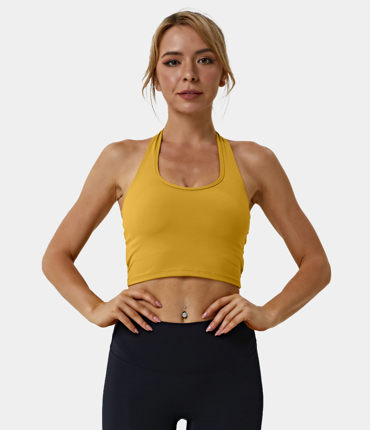 Halara Halter Backless Crisscross Lace Up Workout Cropped Tank Top Tank Top - Goldenrod - L golf tops halter top tunic tops sleeveless tops 